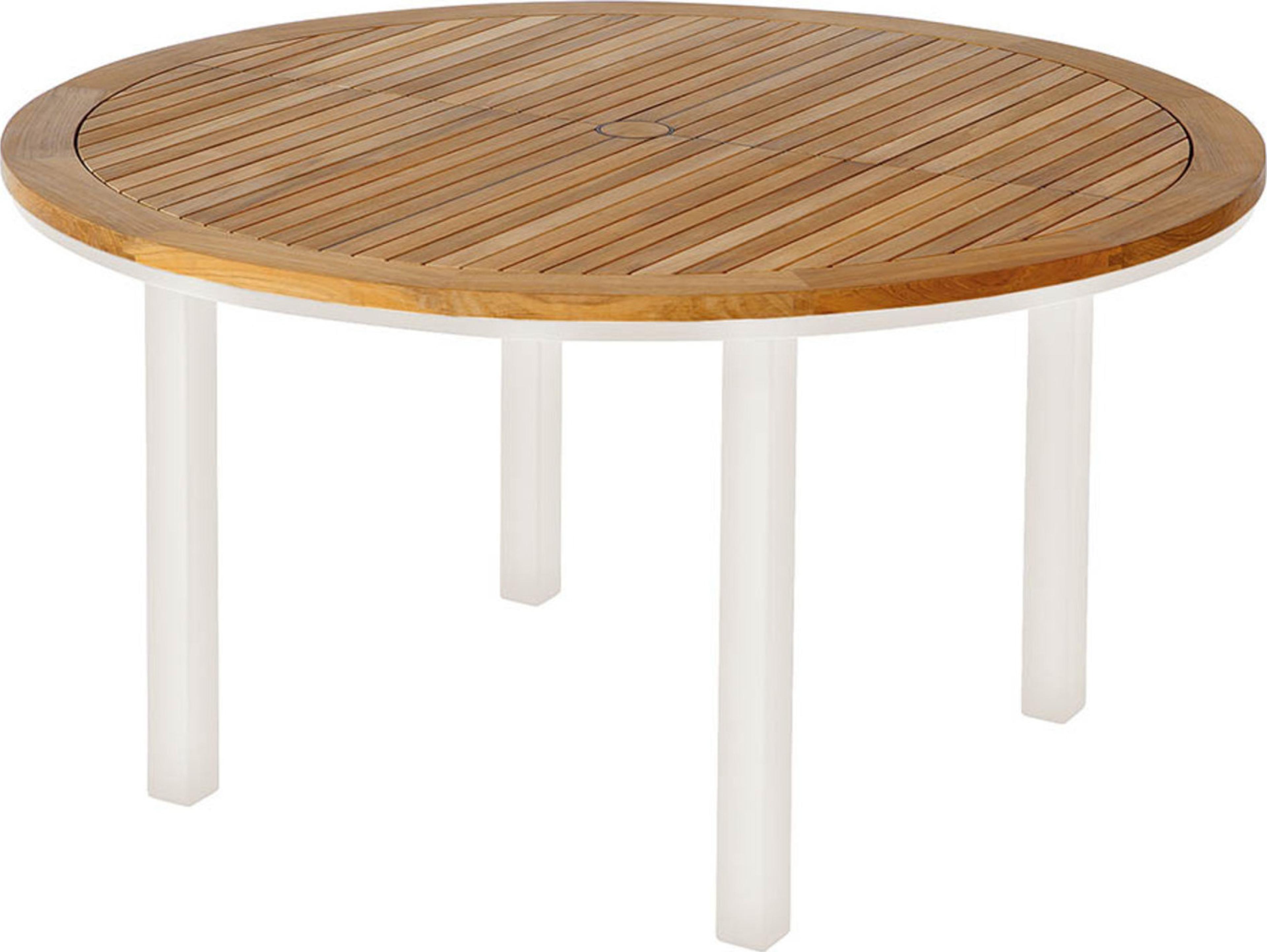 Barlow Tyrie Aura Round Dining Table Arctic White Powder-Coated Aluminum Natural Teak