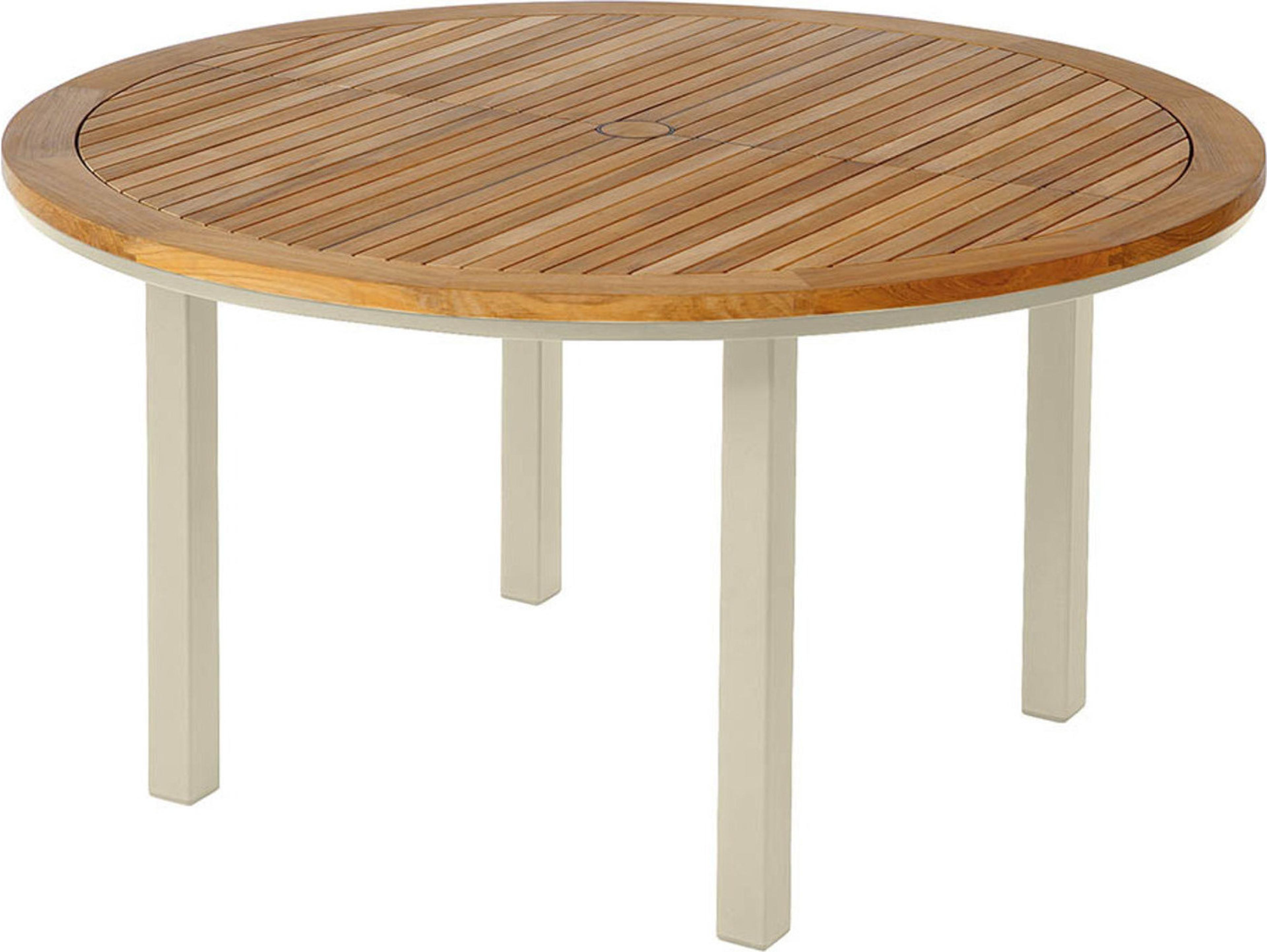Barlow Tyrie Aura Round Dining Table Champagne Powder-Coated Aluminum Natural Teak