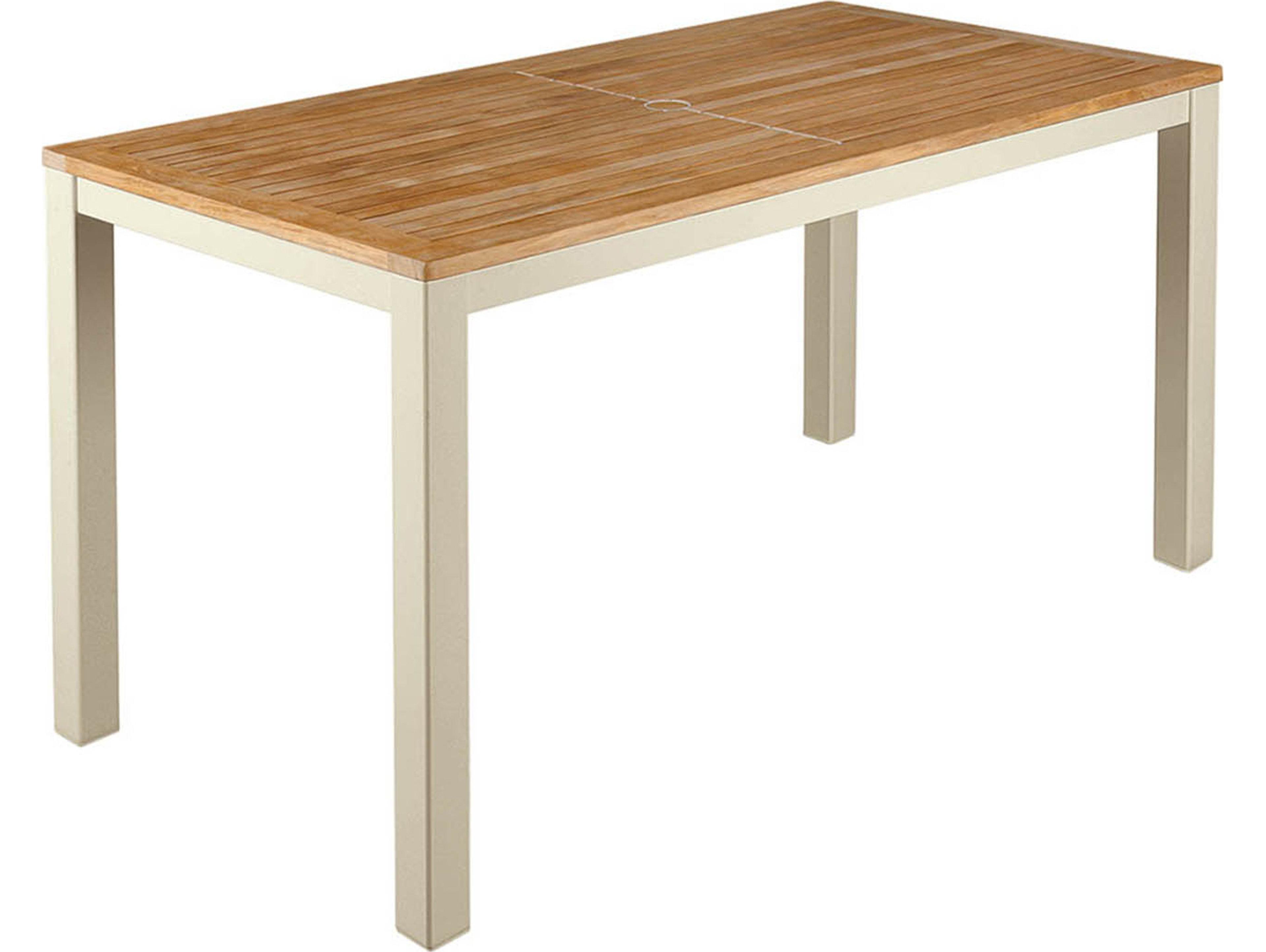 Barlow Tyrie Aura Narrow Dining Table Champagne Powder-Coated Aluminum Natural Teak 55"W x 28"D x 29"H