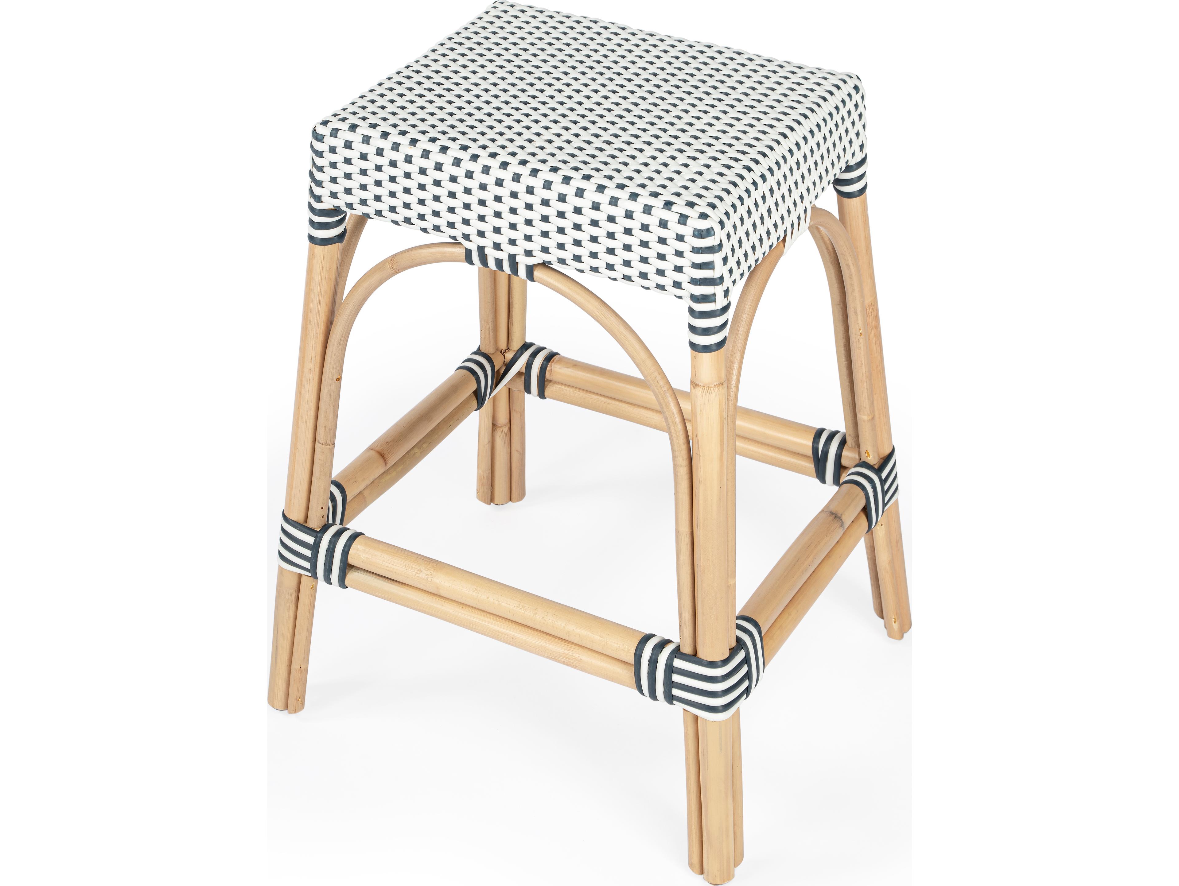 Butler Robias White navy Dot Natural Rattan Frame Counter Stool