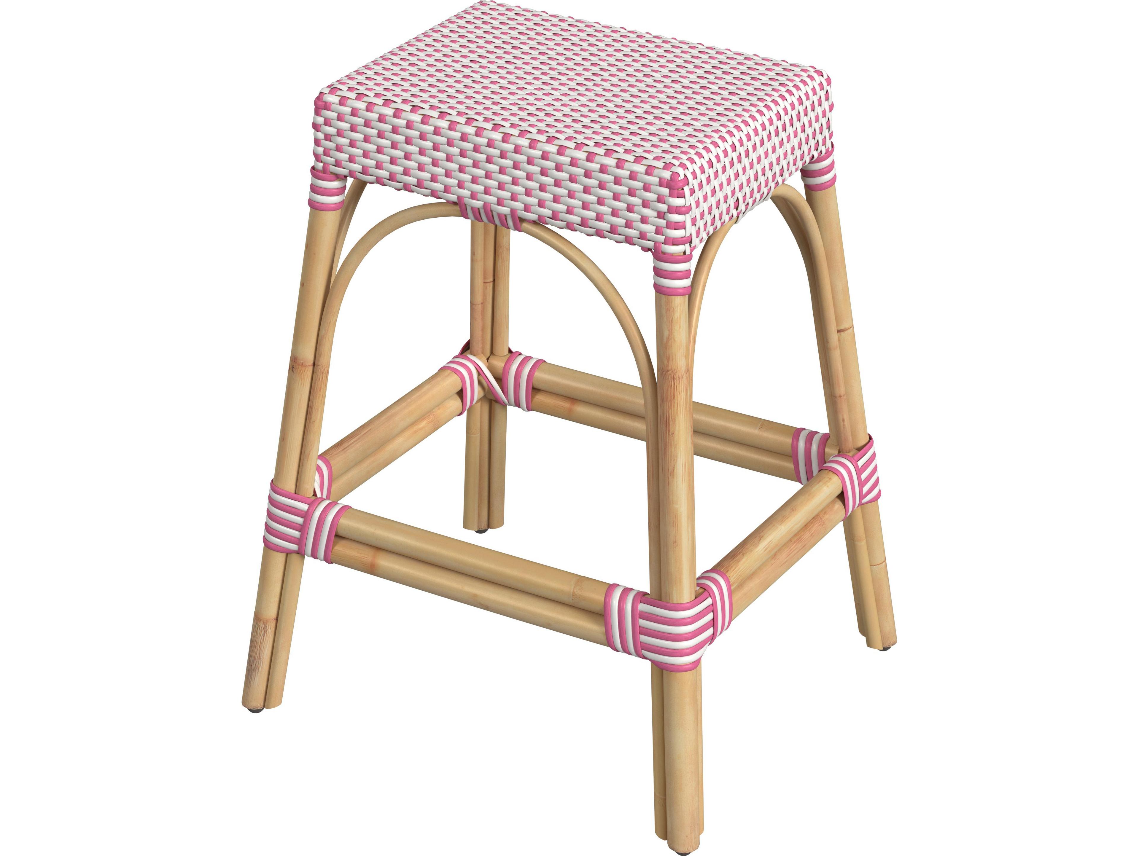 Butler Robias White pink Dot Natural Rattan Frame Counter Stool