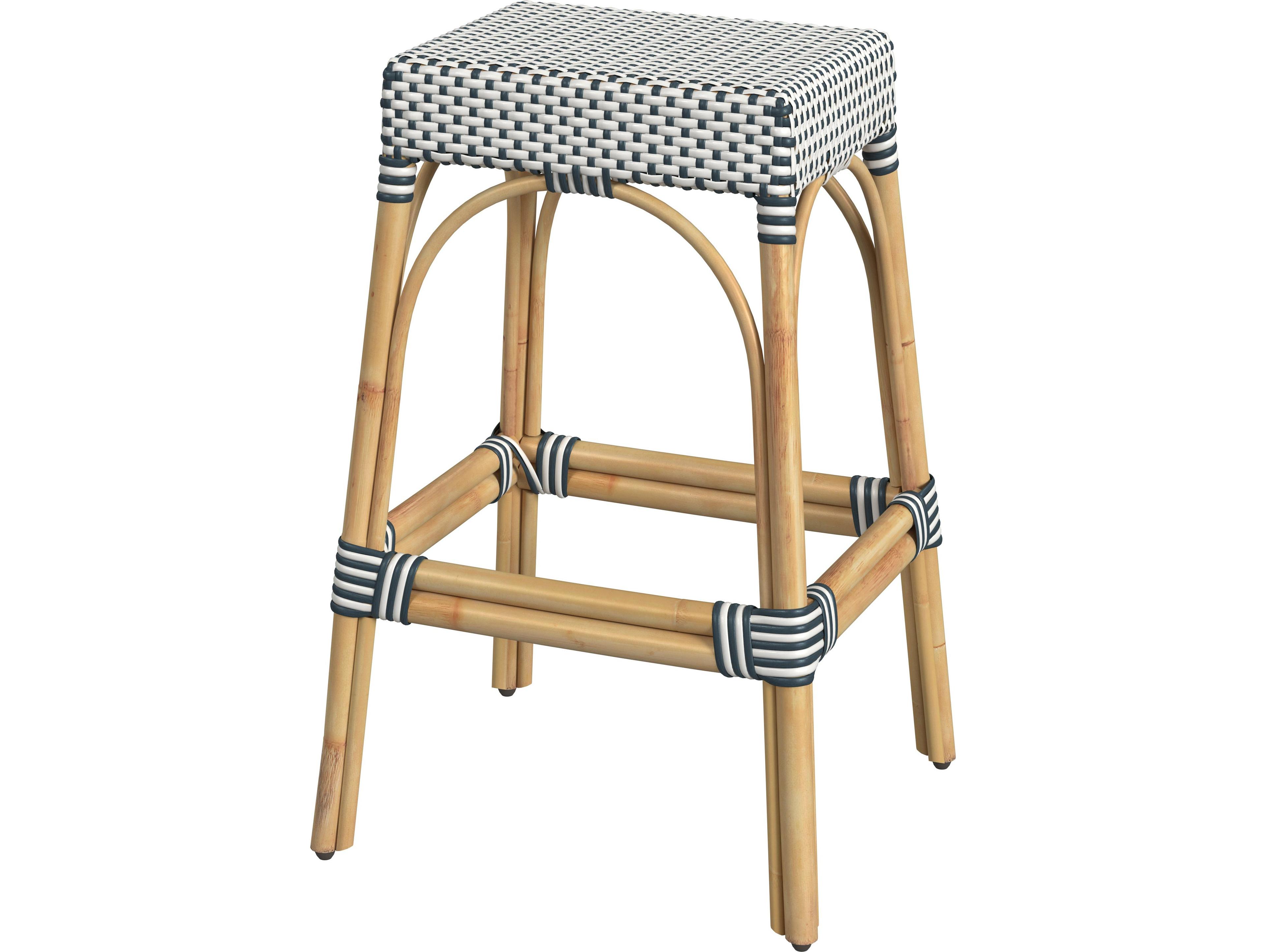 Butler Robias White navy Stripe Natural Rattan Frame Blue Bar Stool
