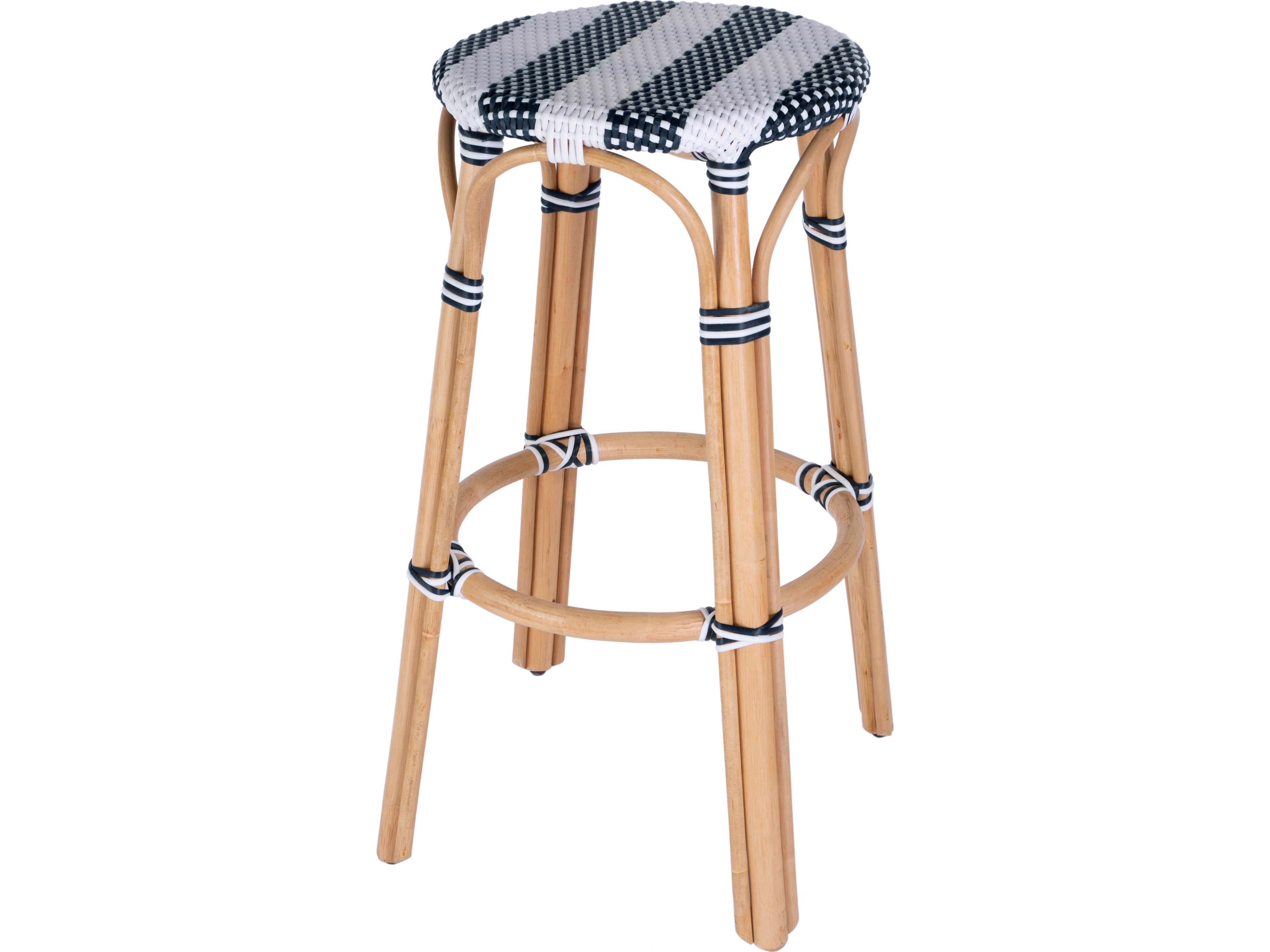 Butler Tobias White Navy Stripe Rattan Bar Stool