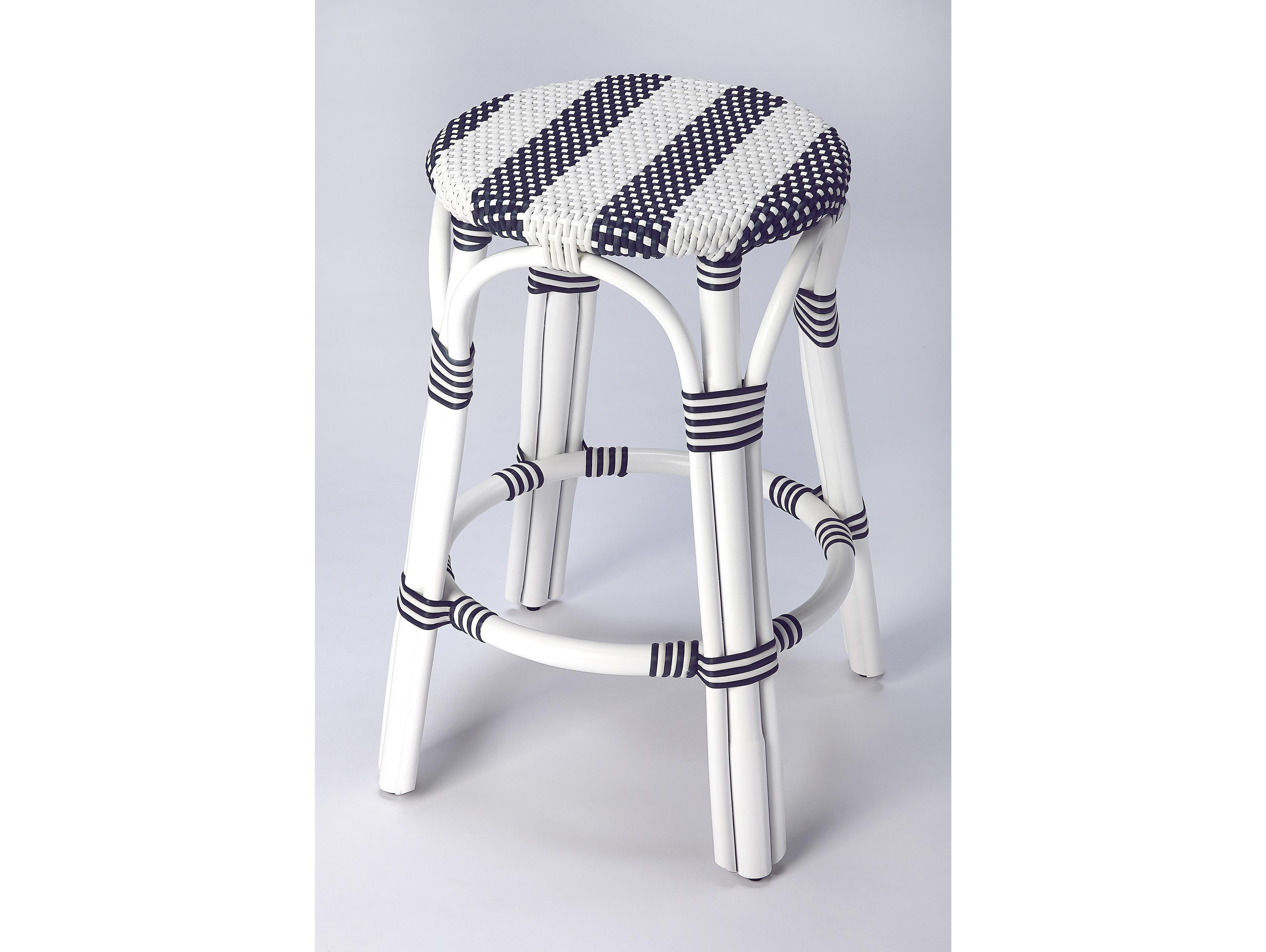 Butler Tobias White navy Stripe Rattan Frame Counter Stool