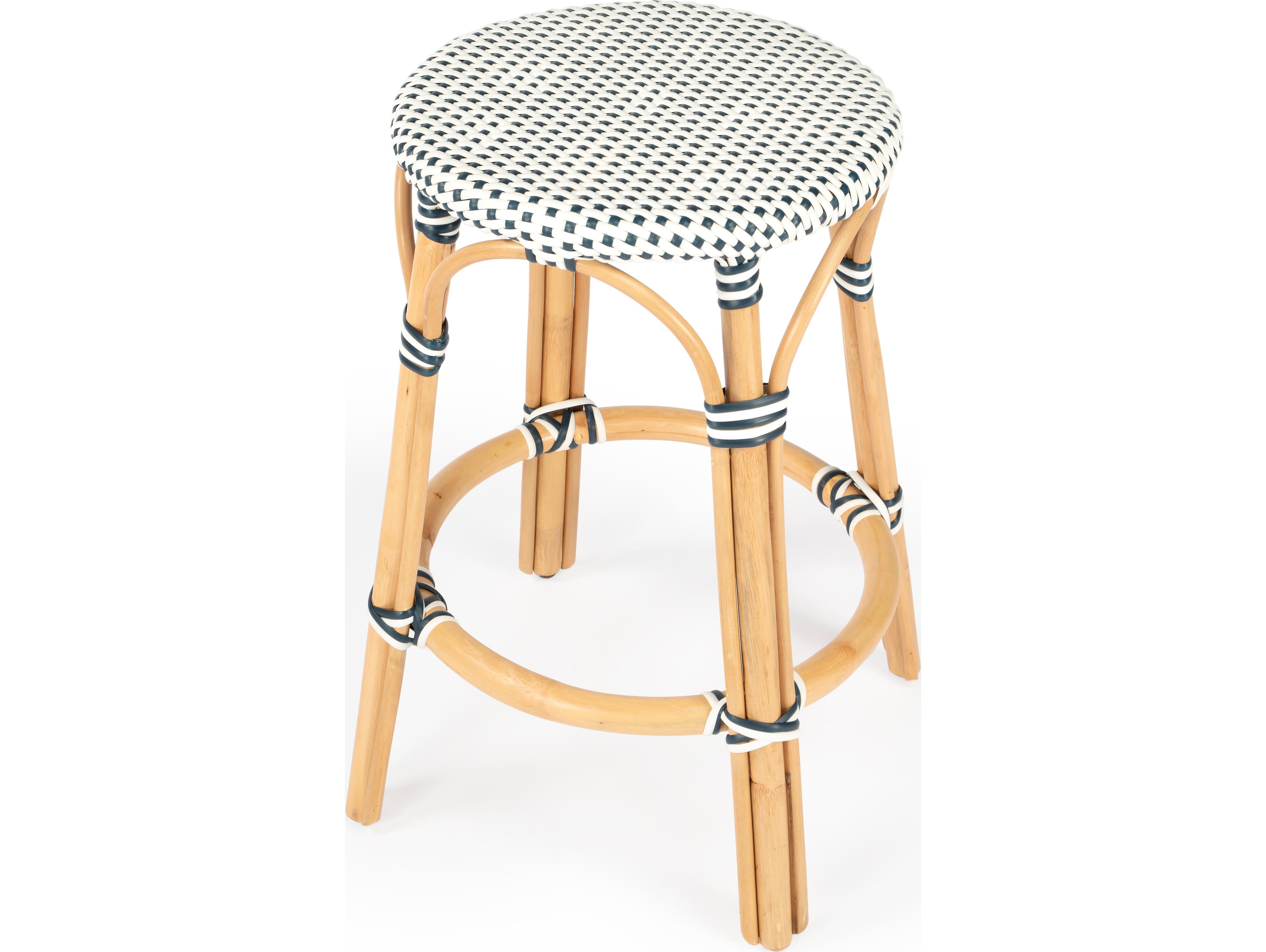 Butler Tobias White navy Dot Natural Rattan Frame Counter Stool