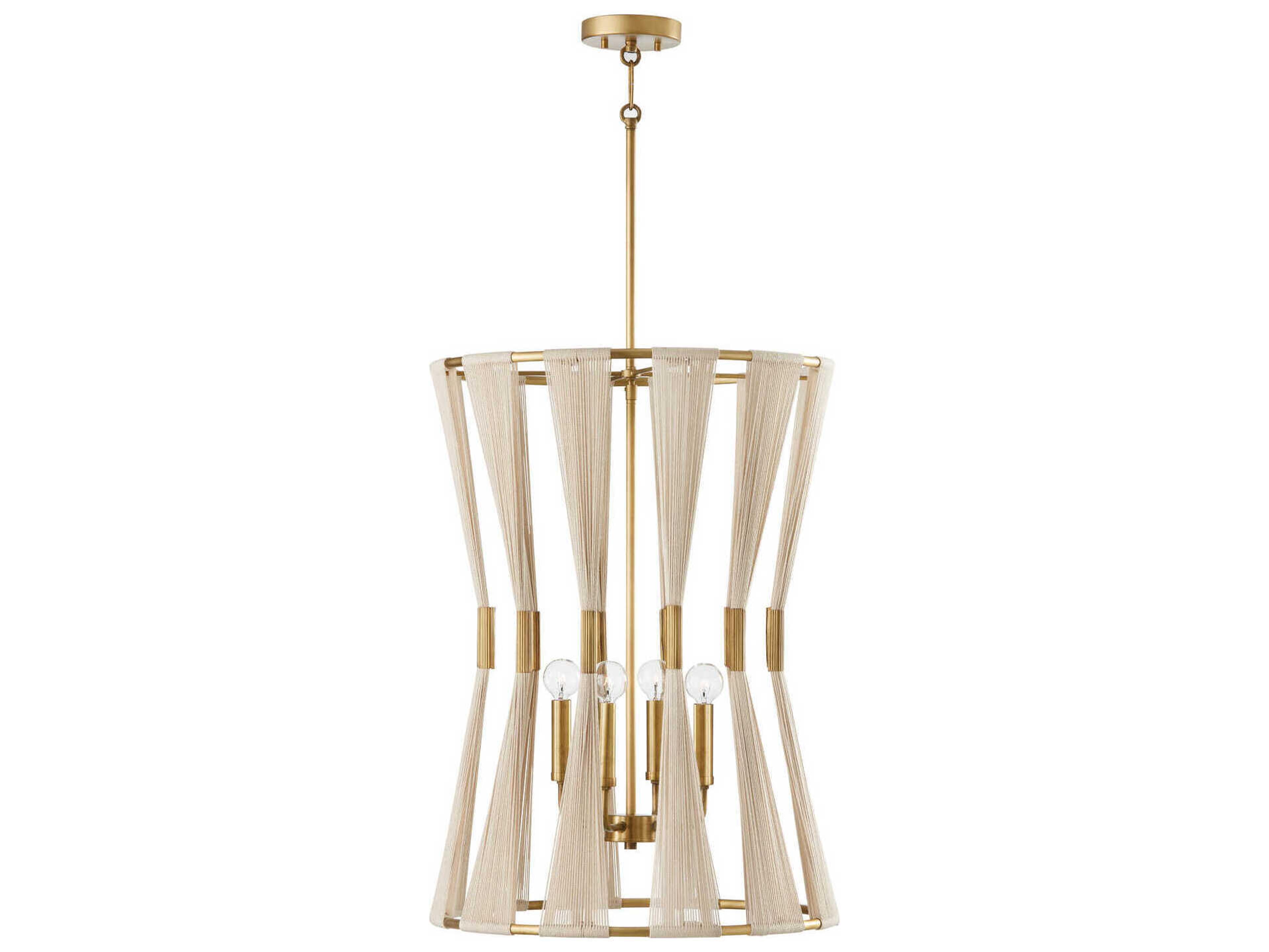 Capital Lighting Bianca 4-Light Bleached Natural Rope Patinaed Brass White Pendant