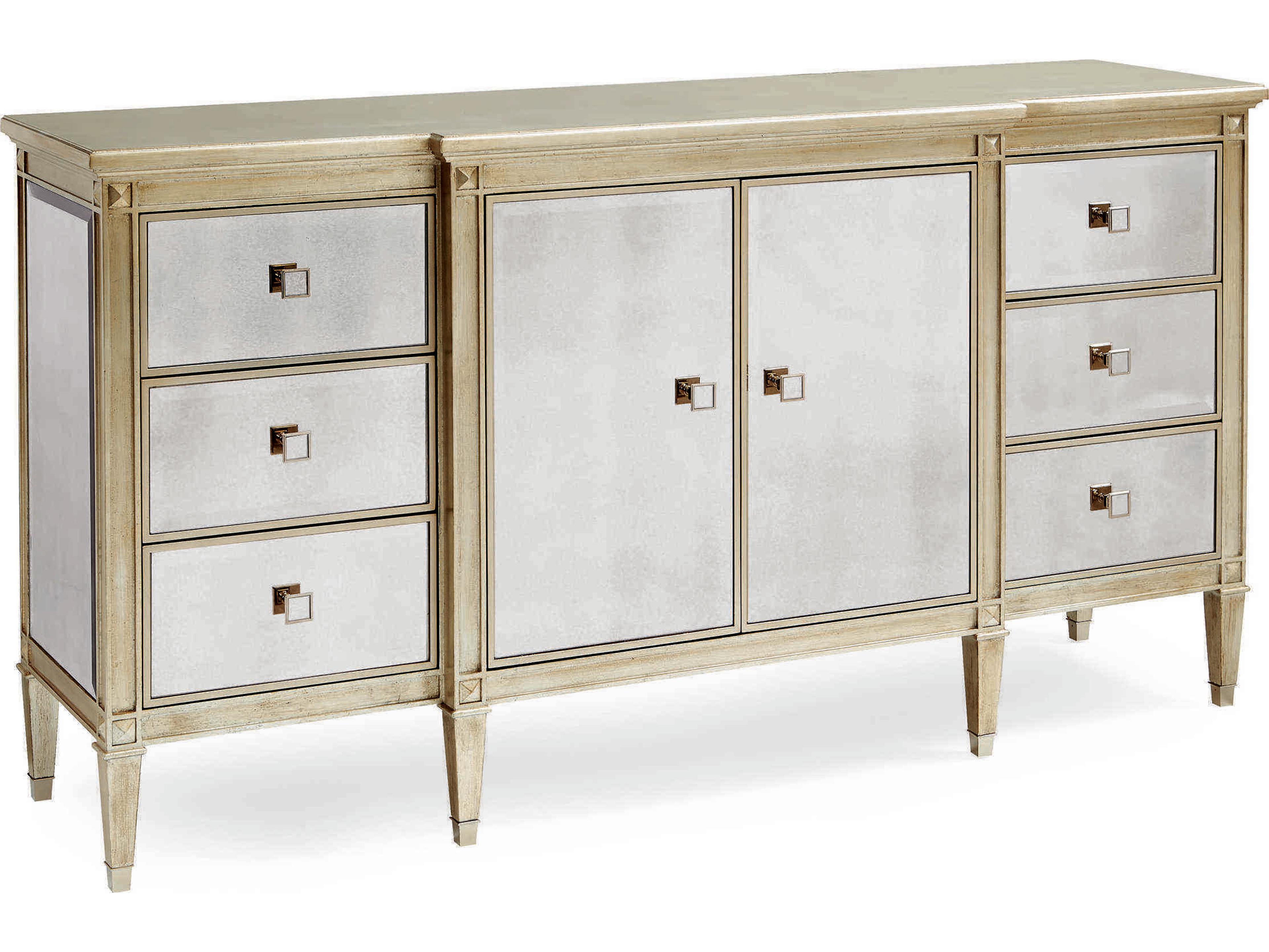 Caracole Classic La Dee-Dah Silver Leaf and Antique Mirrored 6-Drawers Double Dresser