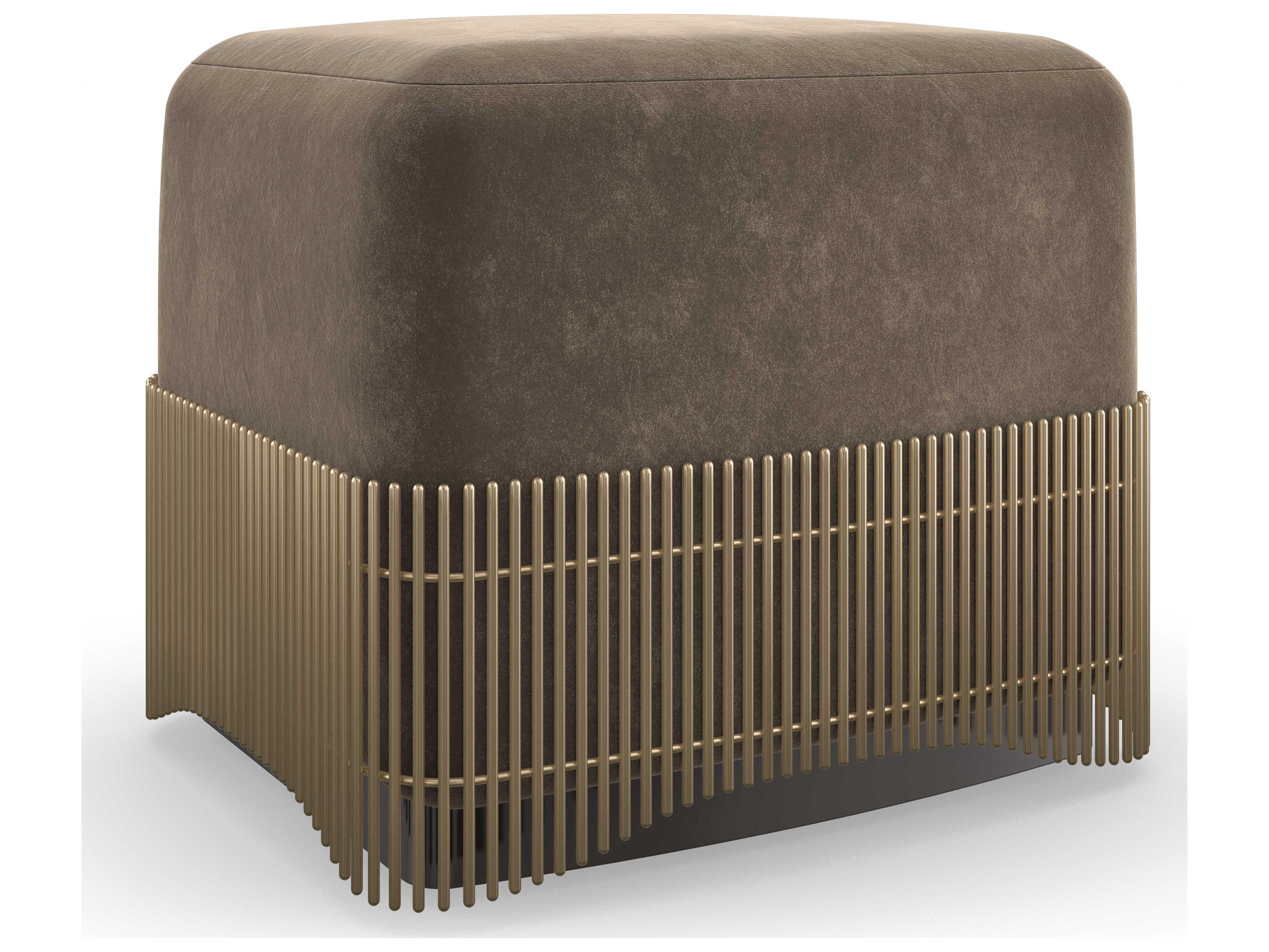 Caracole Classic Petit Four Dark Chocolate Brushed Gold Brown Microfiber Upholstered Ottoman
