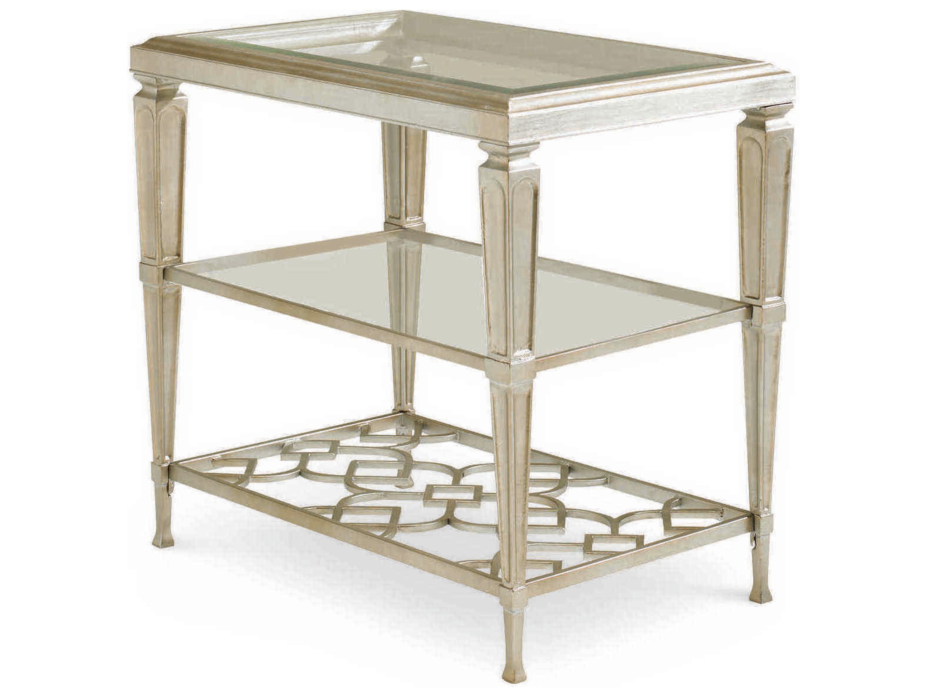 Caracole Classic Social Connections Three Shelf Side Rectangular Glass Taupe Silver Leaf End Table