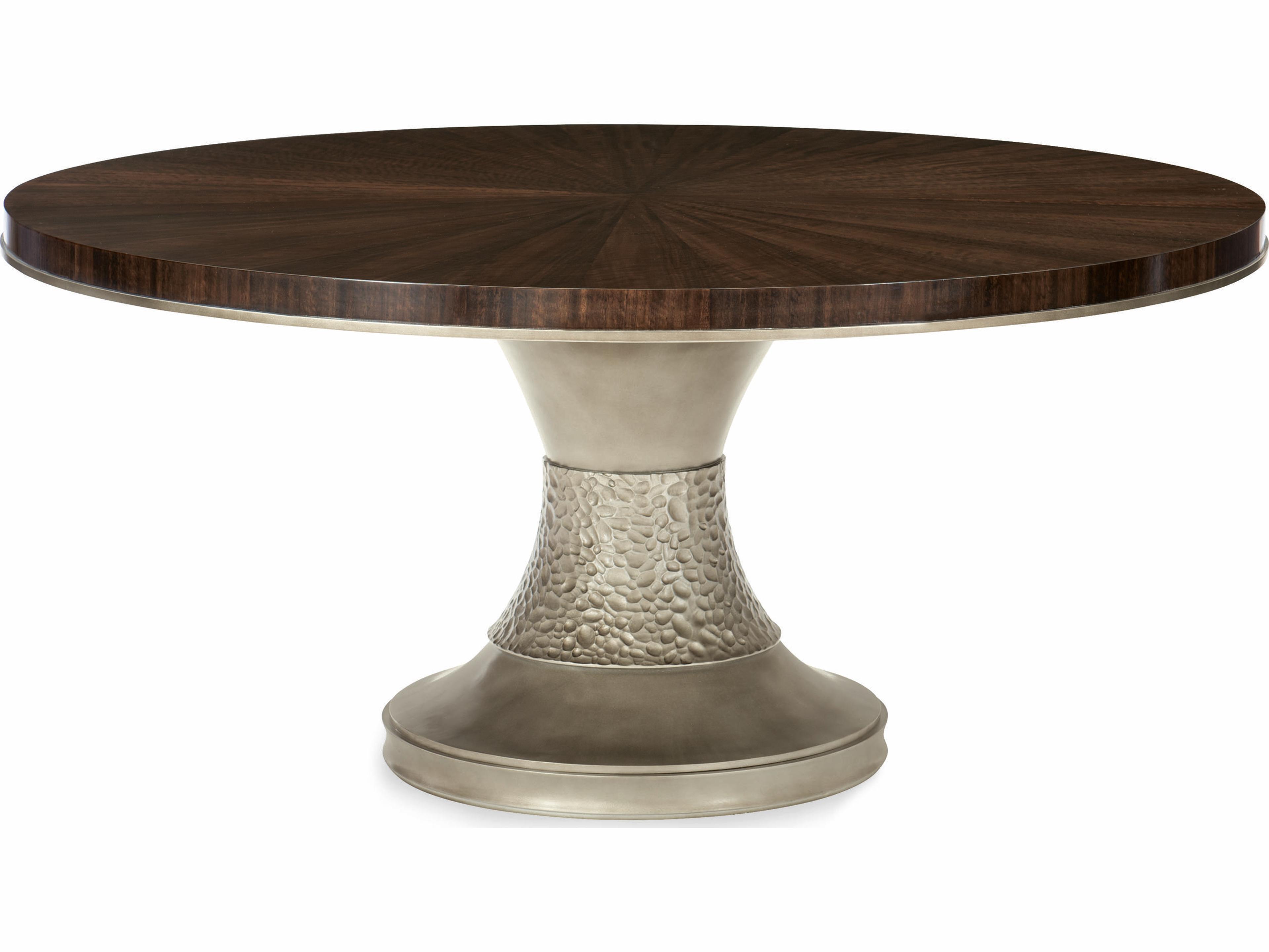 Streamline Moderne Smoked Bronze Base Pedestal Round Wood Aged Bourbon With Brass Dining Table