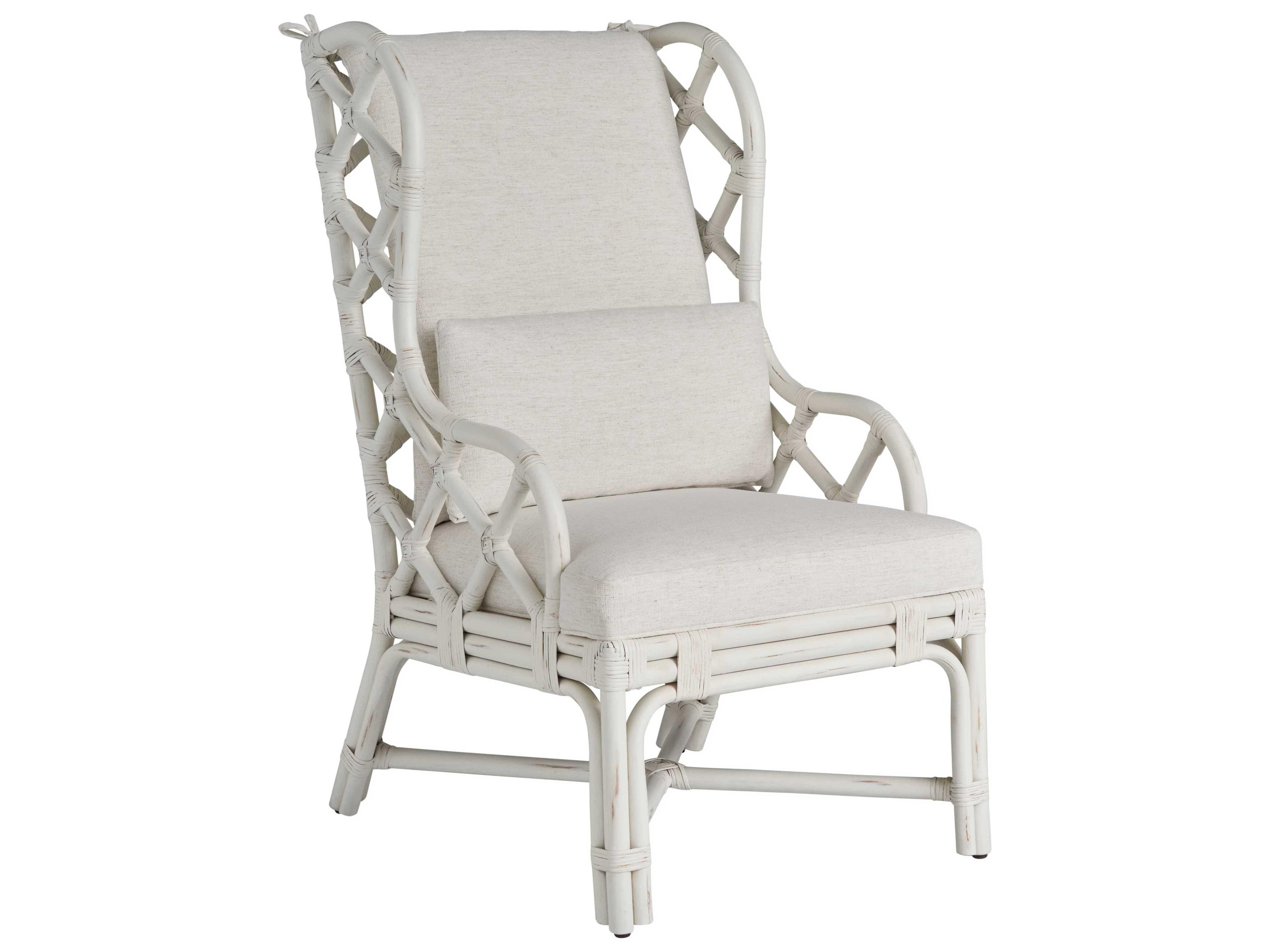 Coastal Living Home Weekender Rattan White Upholstered Arm Dining Chair
