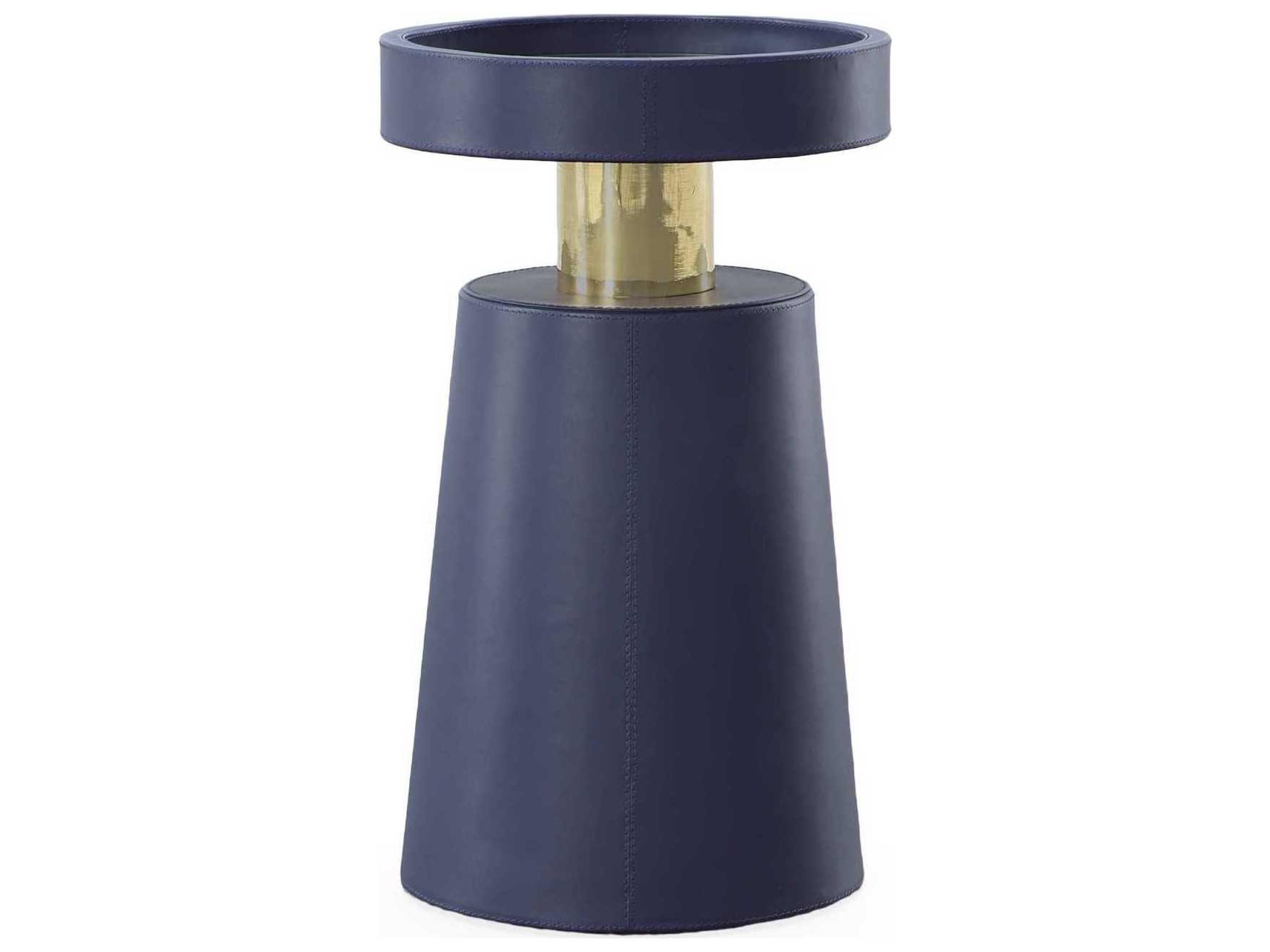 Century Furniture Grand Tour Round Leather Navy Antique Brass End Table