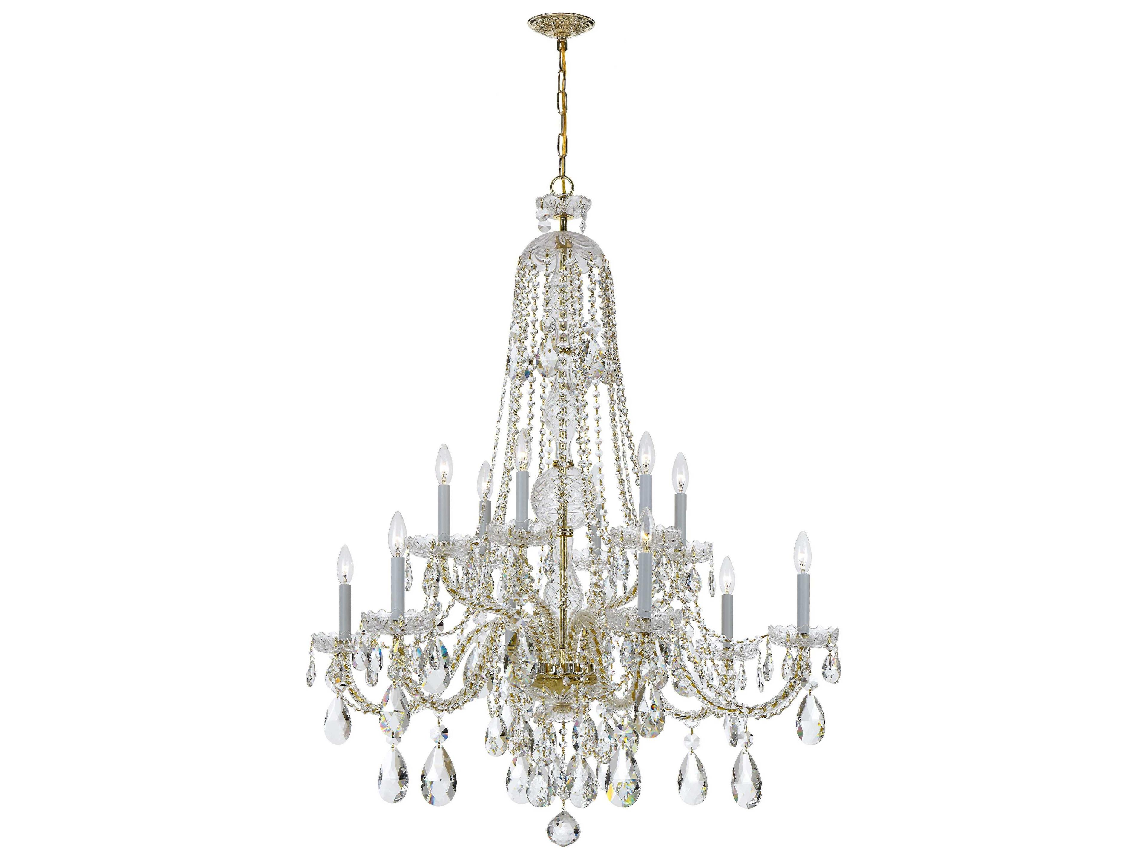 Crystorama Traditional Crystal 12-Light Brass Glass Candelabra Tiered Chandelier