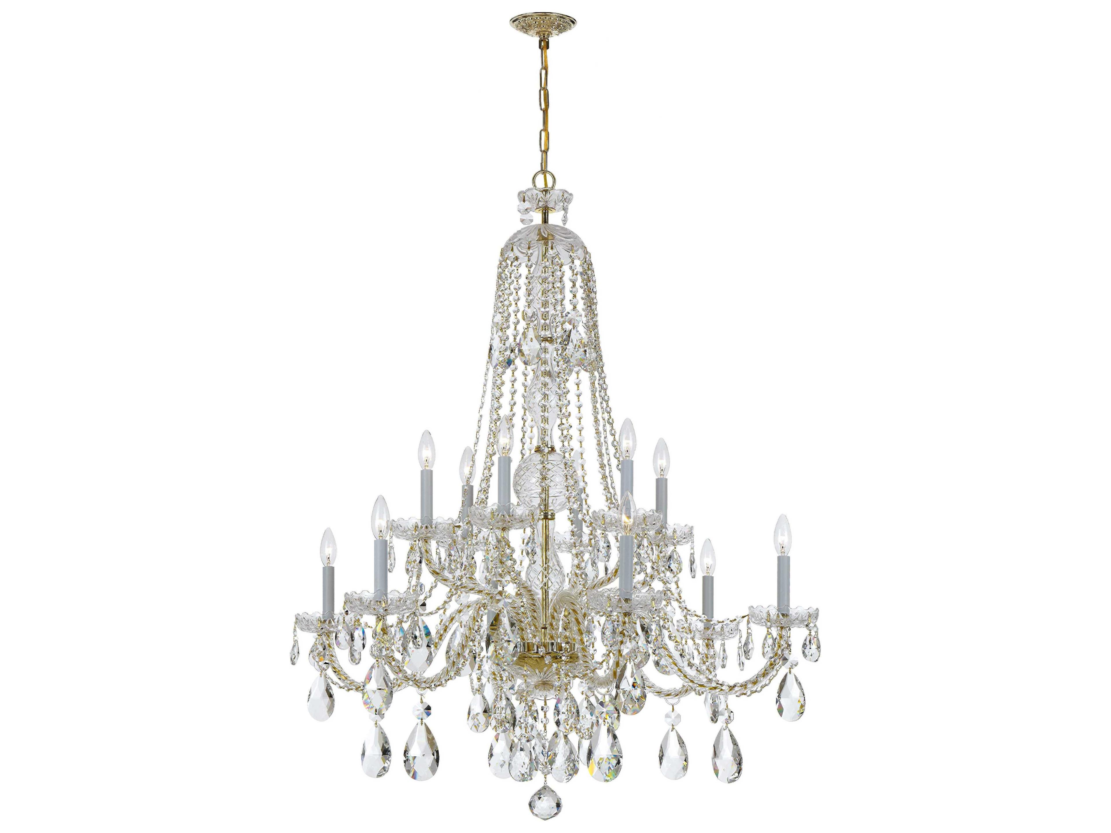 Crystorama Traditional Crystal 12-Light Polished Brass Glass Candelabra Tiered Chandelier