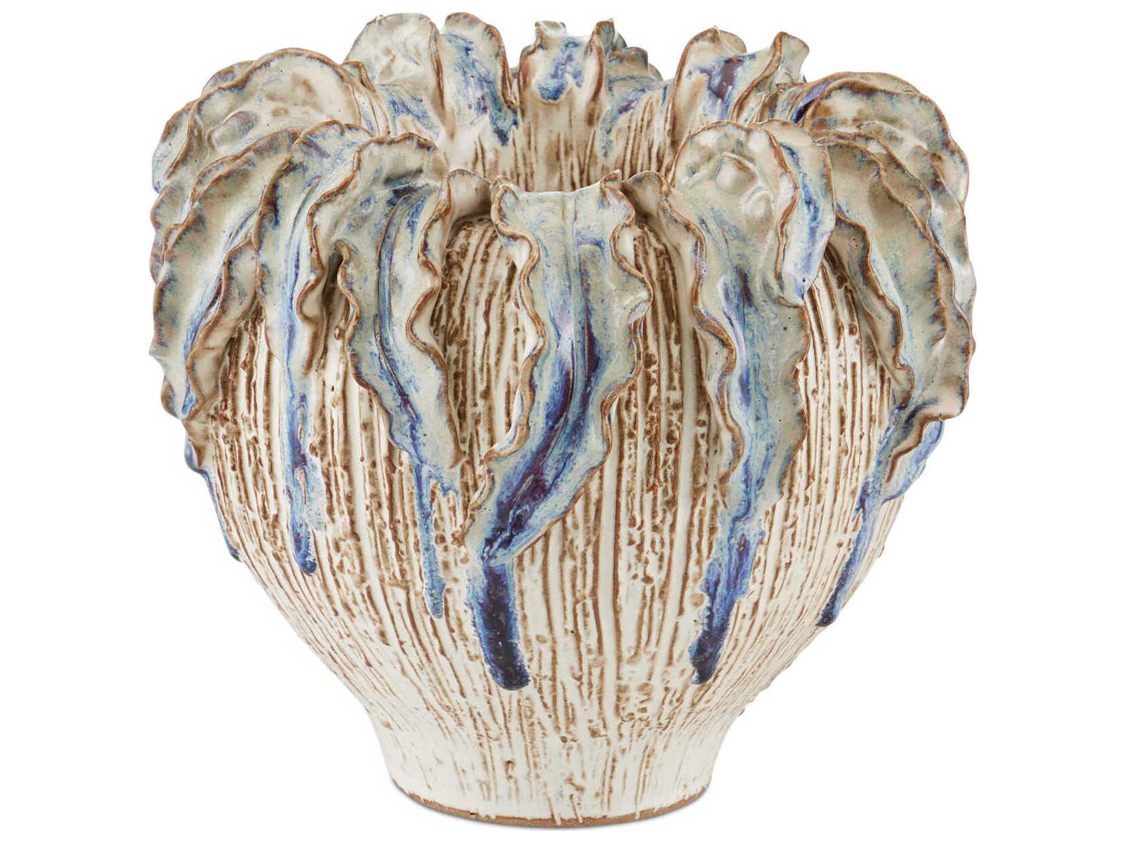 Currey & Company Tropical Crown Ivory Reactive Blue Vase