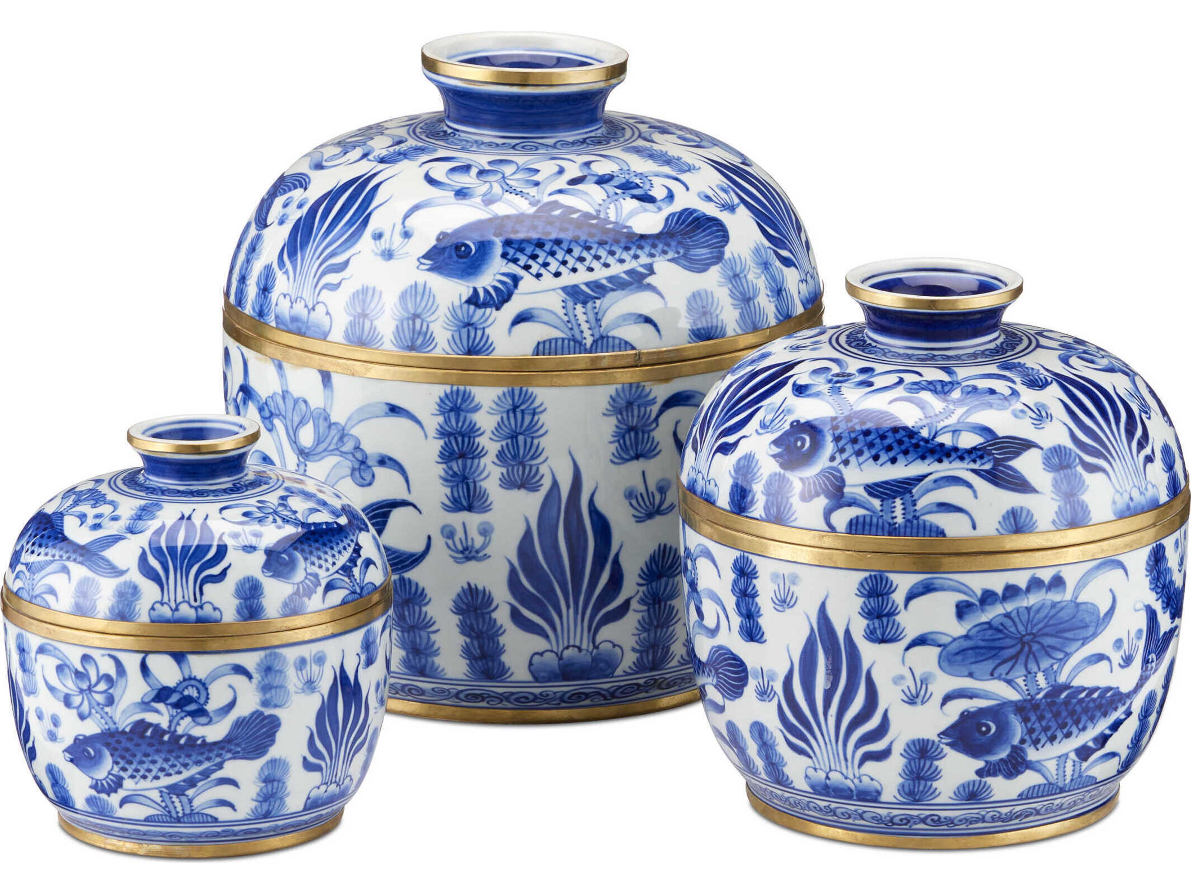 Currey & Company Blue White Rice Tureen (Set of 3)