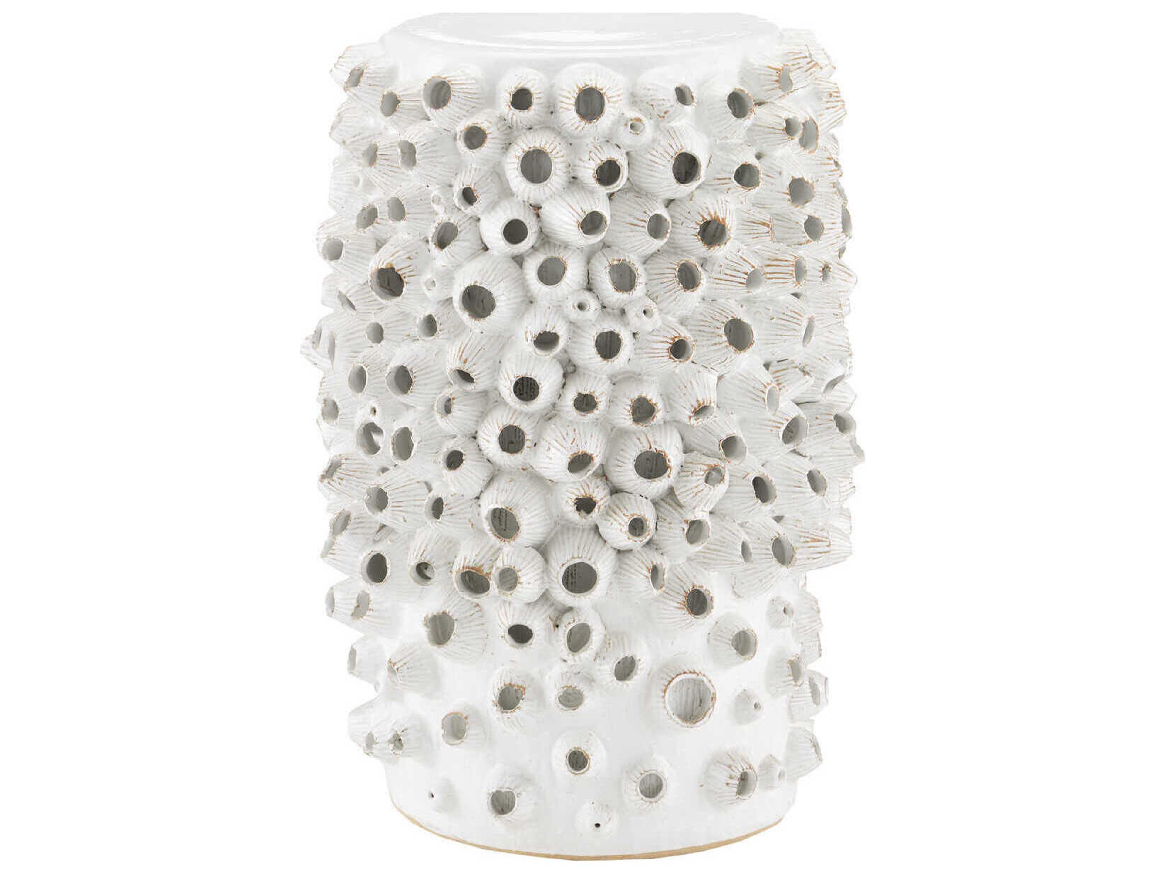 Currey & Company Barnacle Round Ceramic Antique White End Table