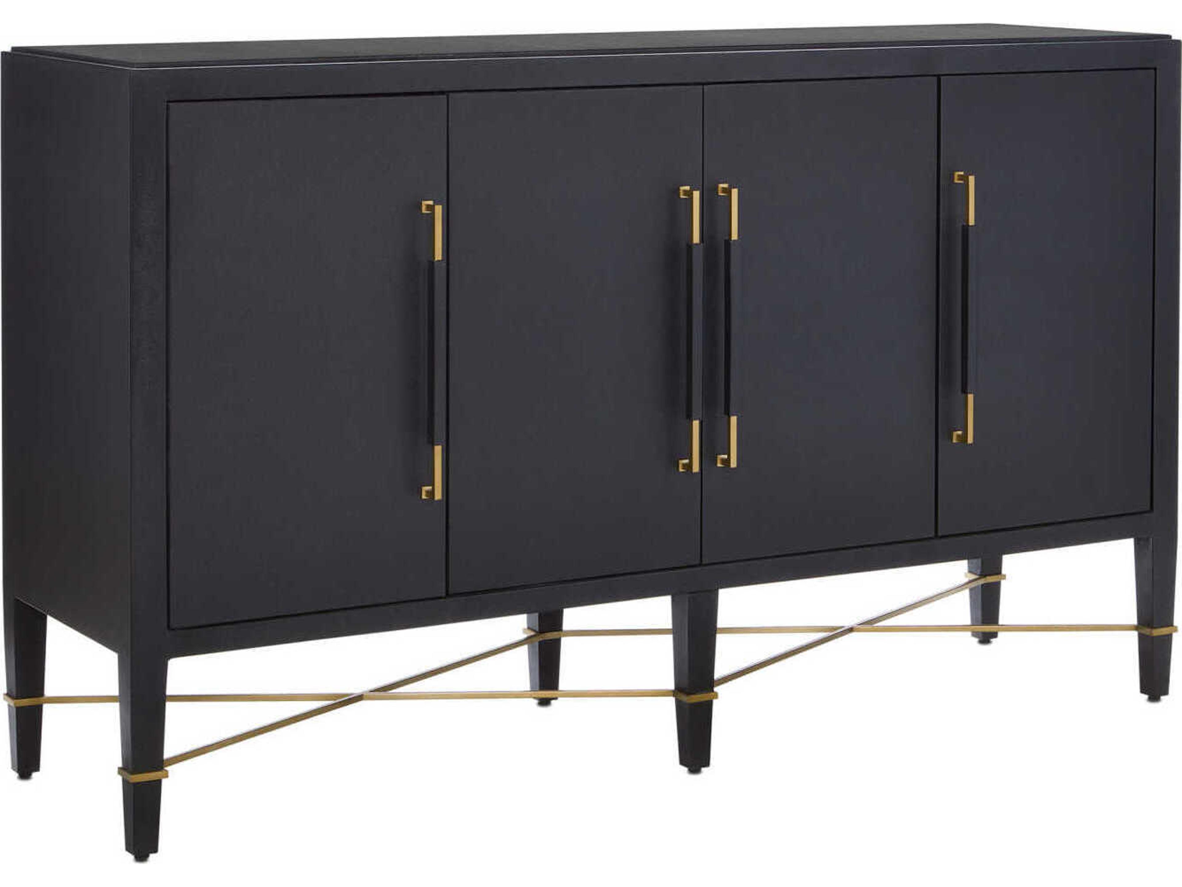 Currey & Company Verona 67" Black Lacquered Linen Champagne Metal Sideboard