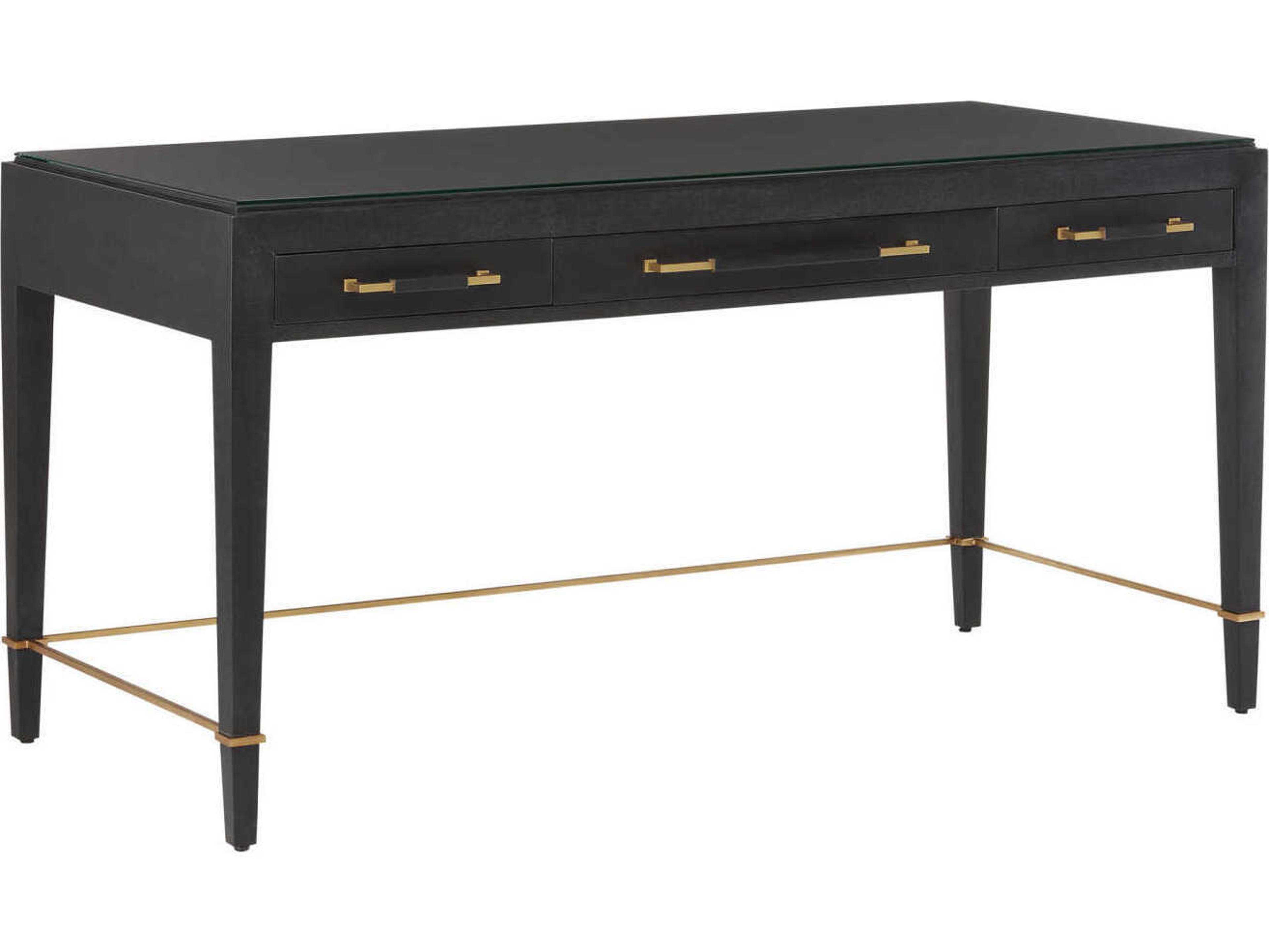 Currey & Company Verona Black Lacquered Linen Champagne Metal Solid Wood Secretary Desk