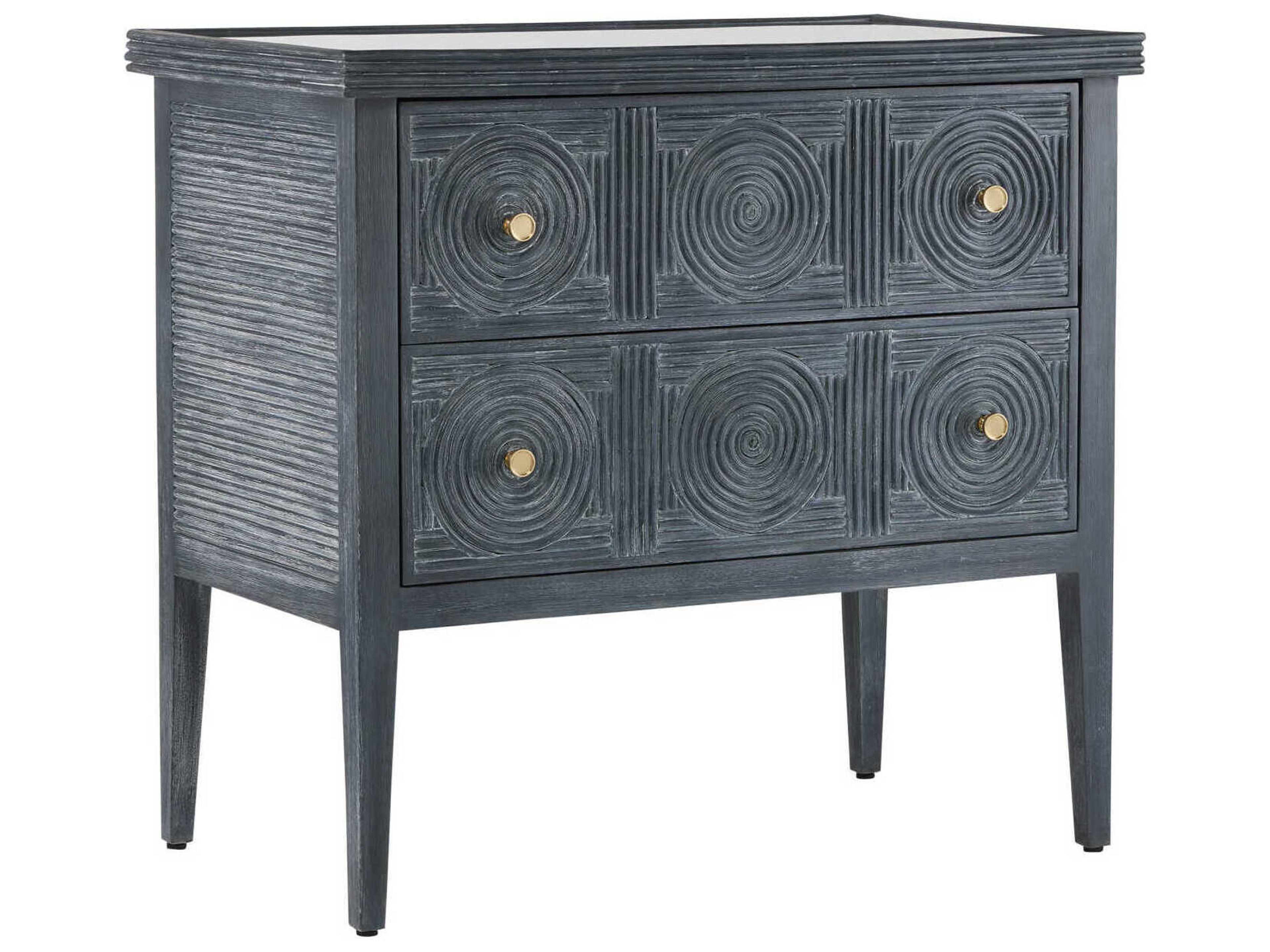 Currey & Company Santos Vintage Navy Brushed Brass Clear Blue Mahogany Wood Accent Chest
