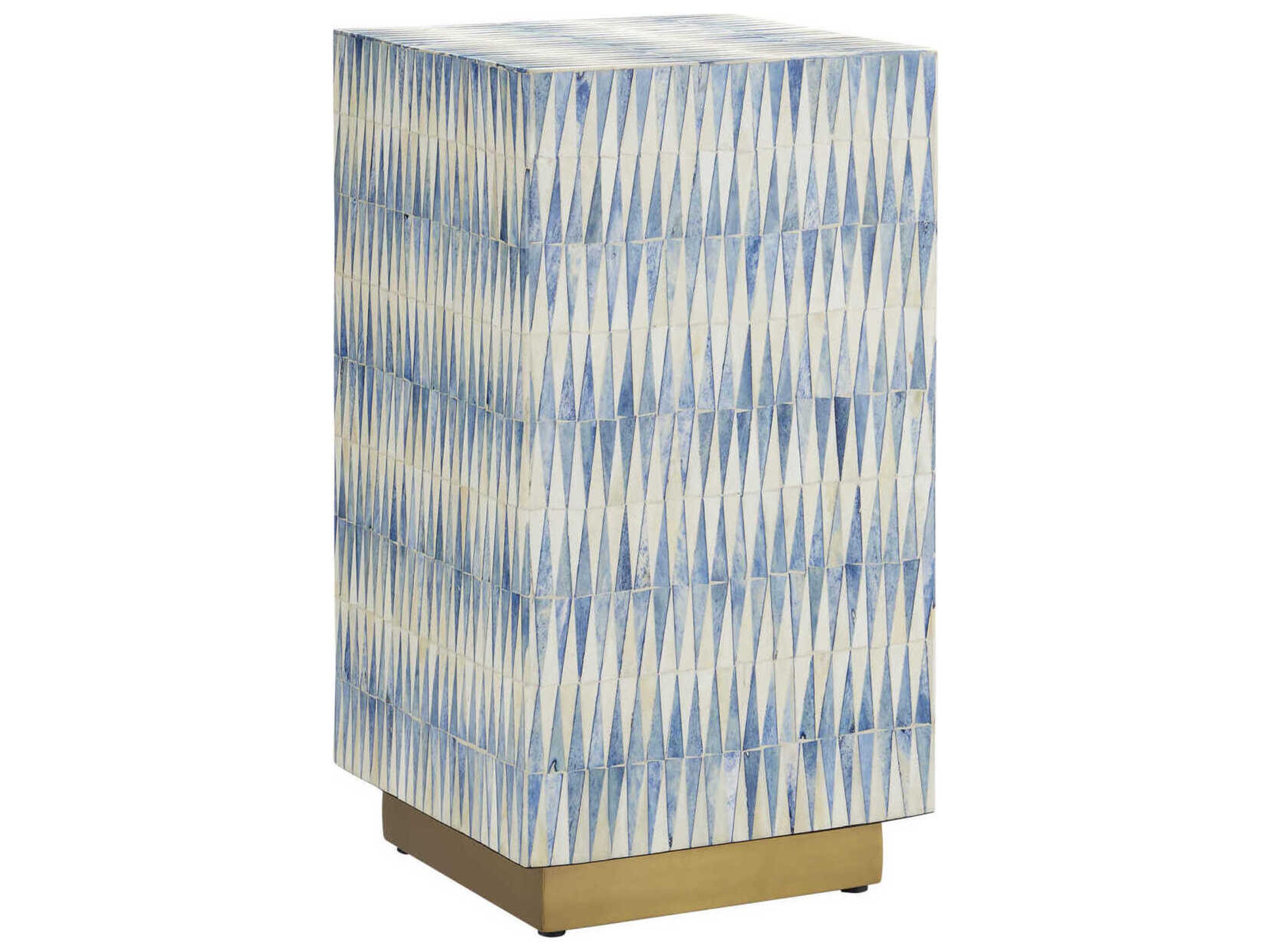 Currey & Company Square Wood Blue White Brushed Brass End Table