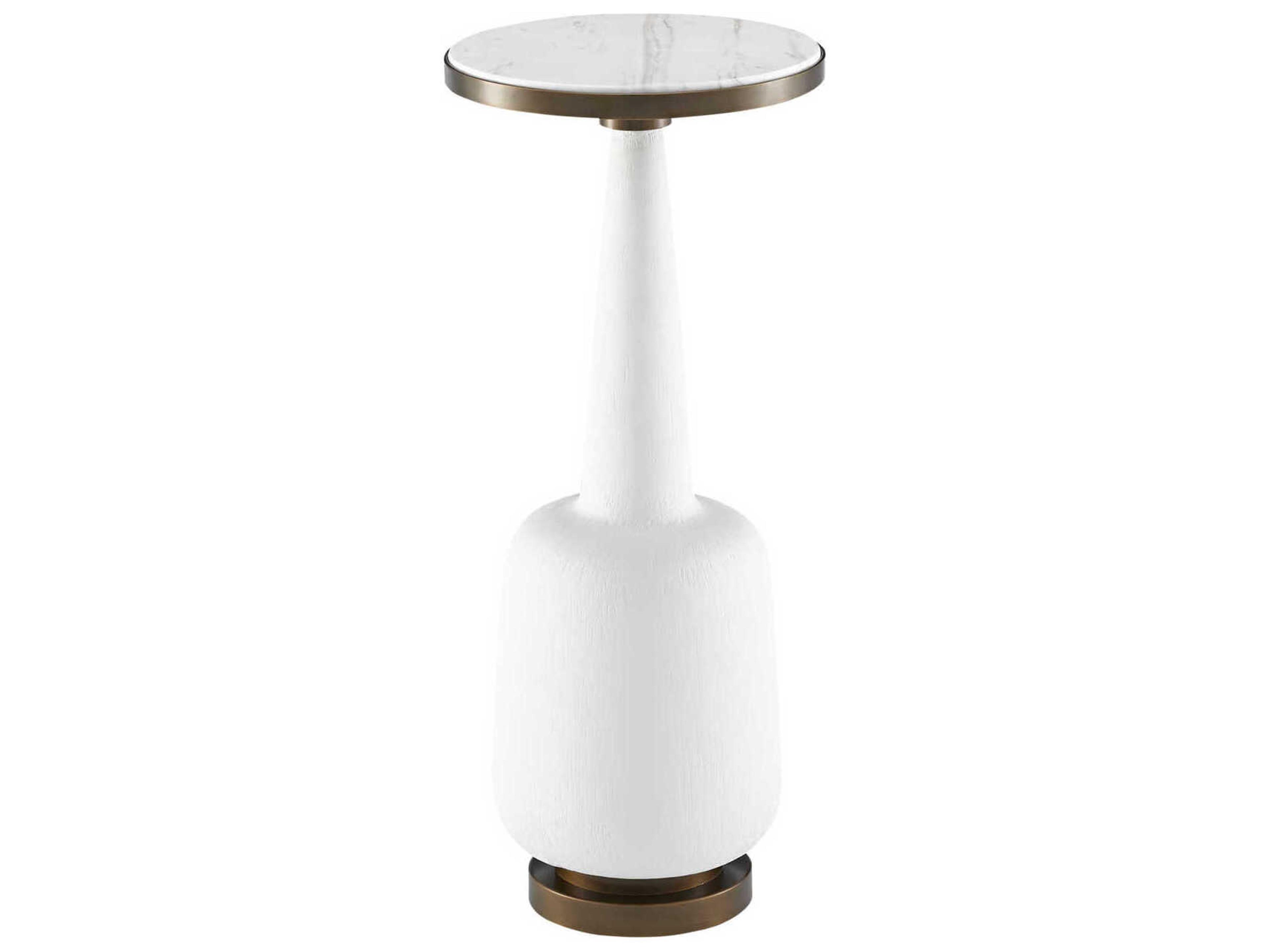 Currey & Company Greta Round Marble White Gesso Antique Brass End Table