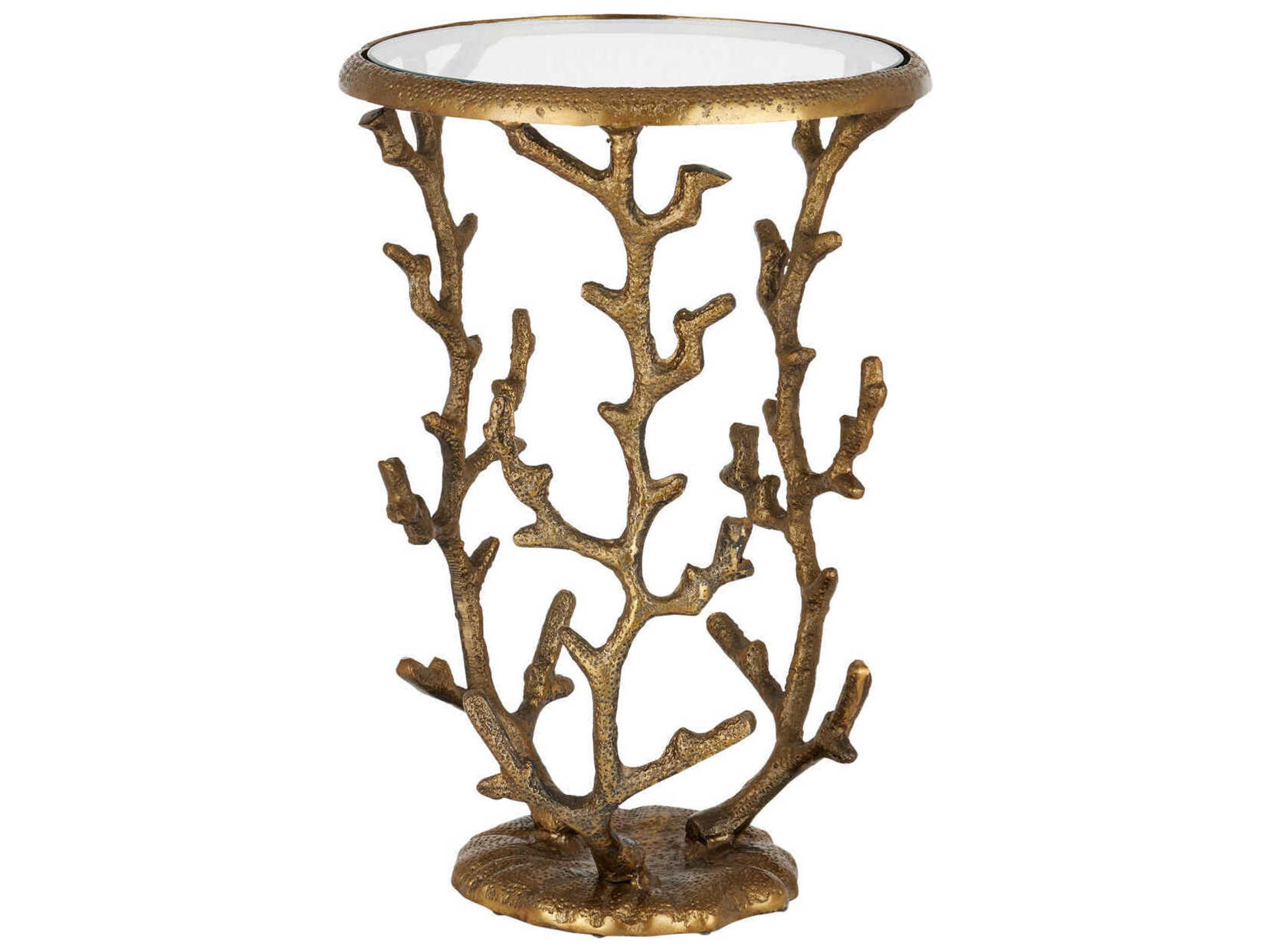 Currey & Company Round Glass Antique Brass Clear End Table