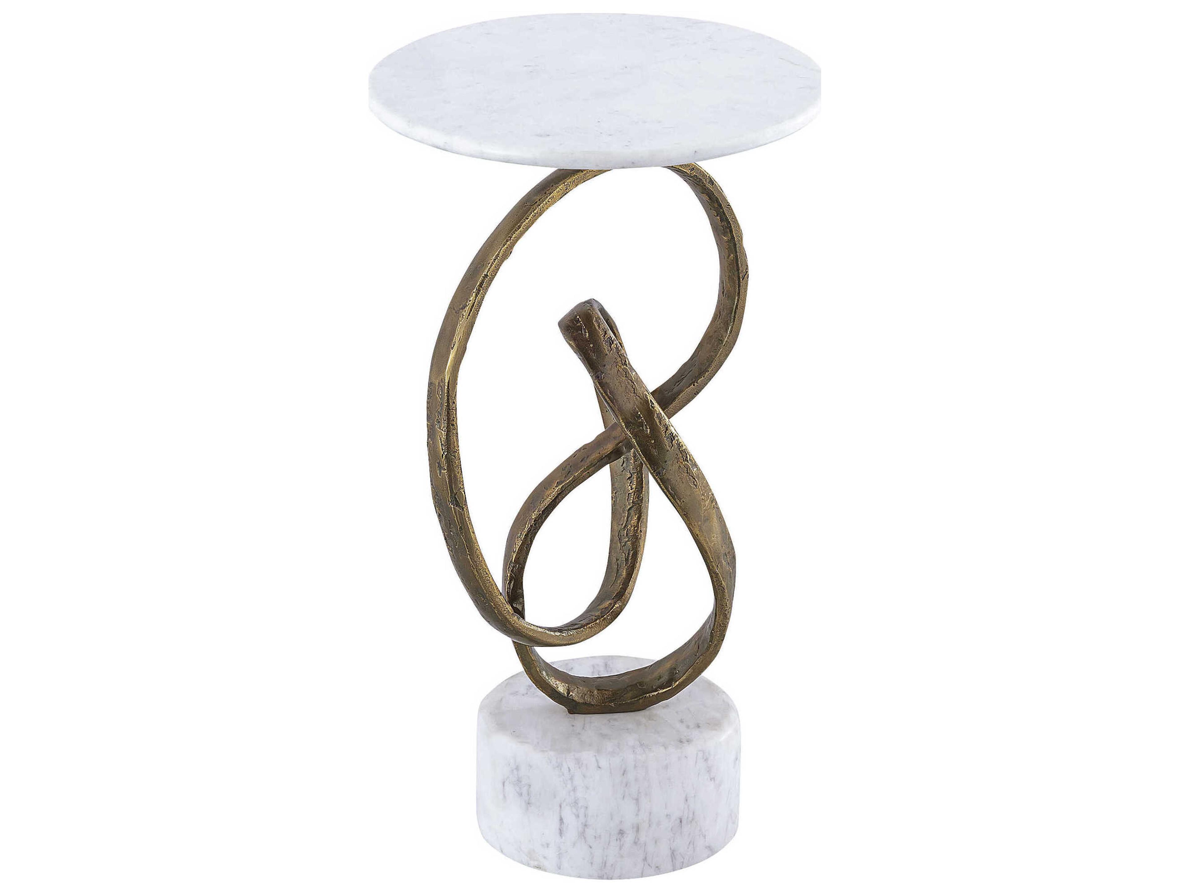 Currey & Company Ruban Round Marble Antique Brass Natural End Table