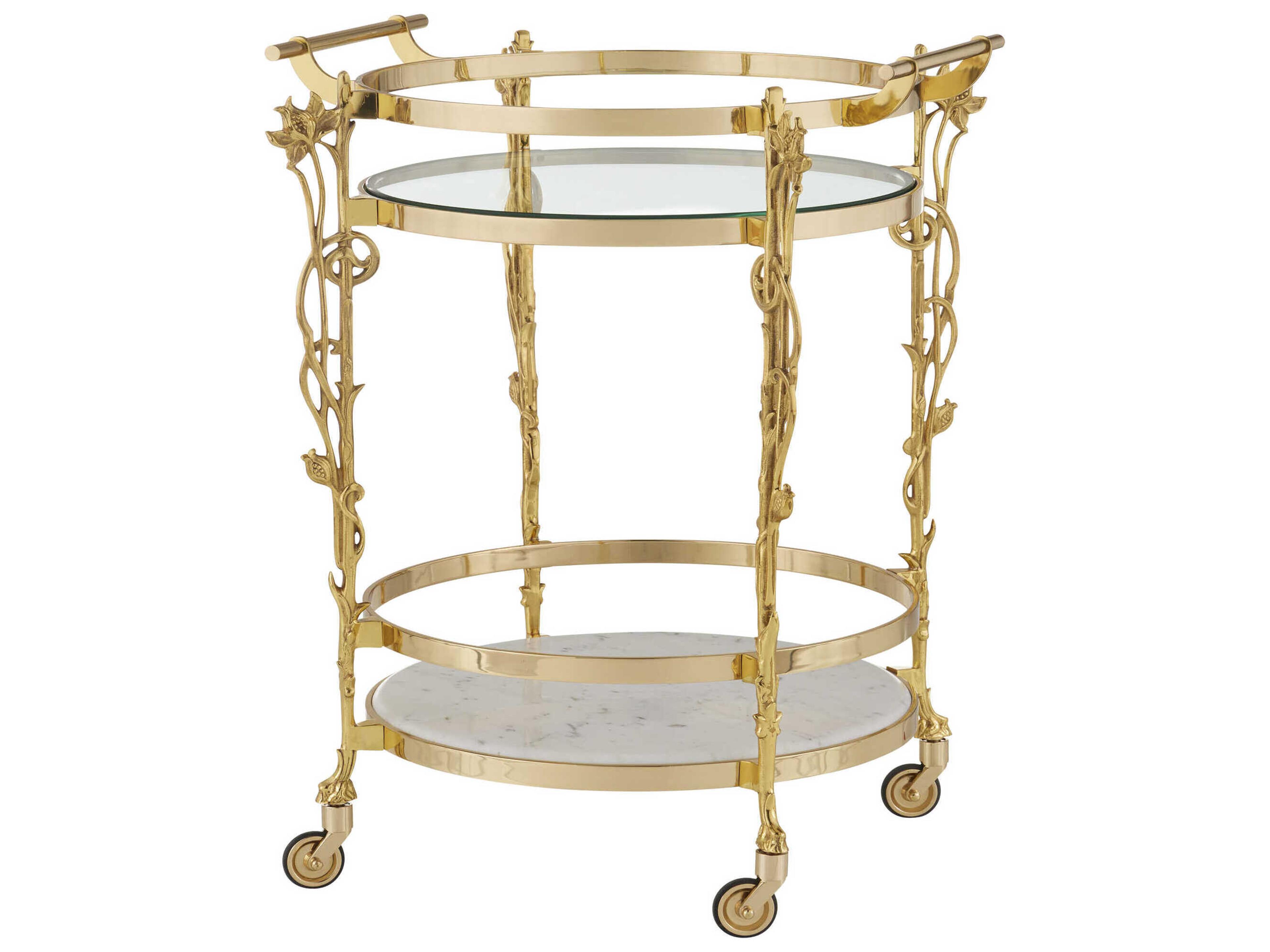 Currey & Company Fiore Glass Polished Brass Bar Cart