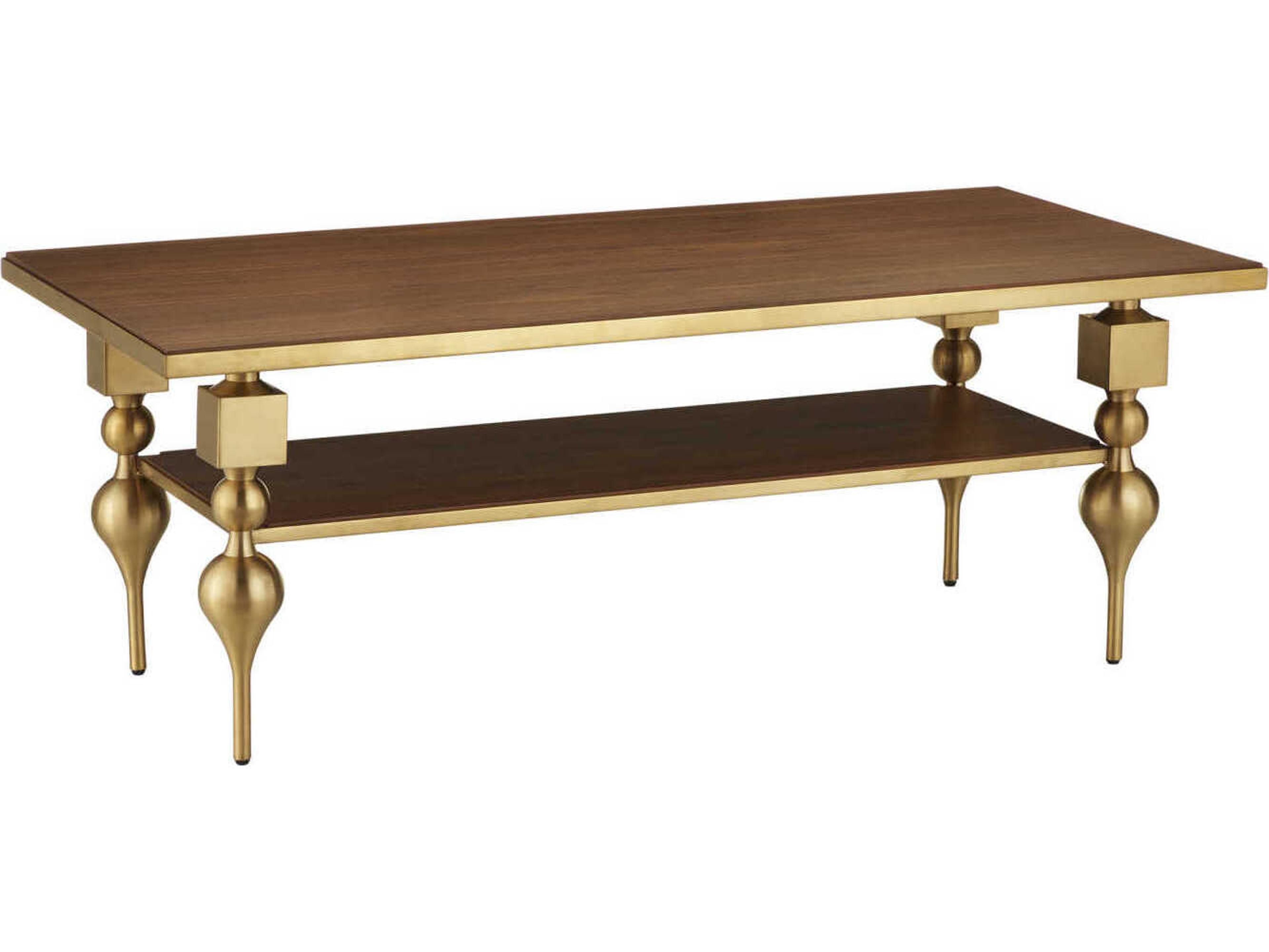 Currey & Company Maeve Rectangular Wood Brushed Brass Walnut Coffee Table