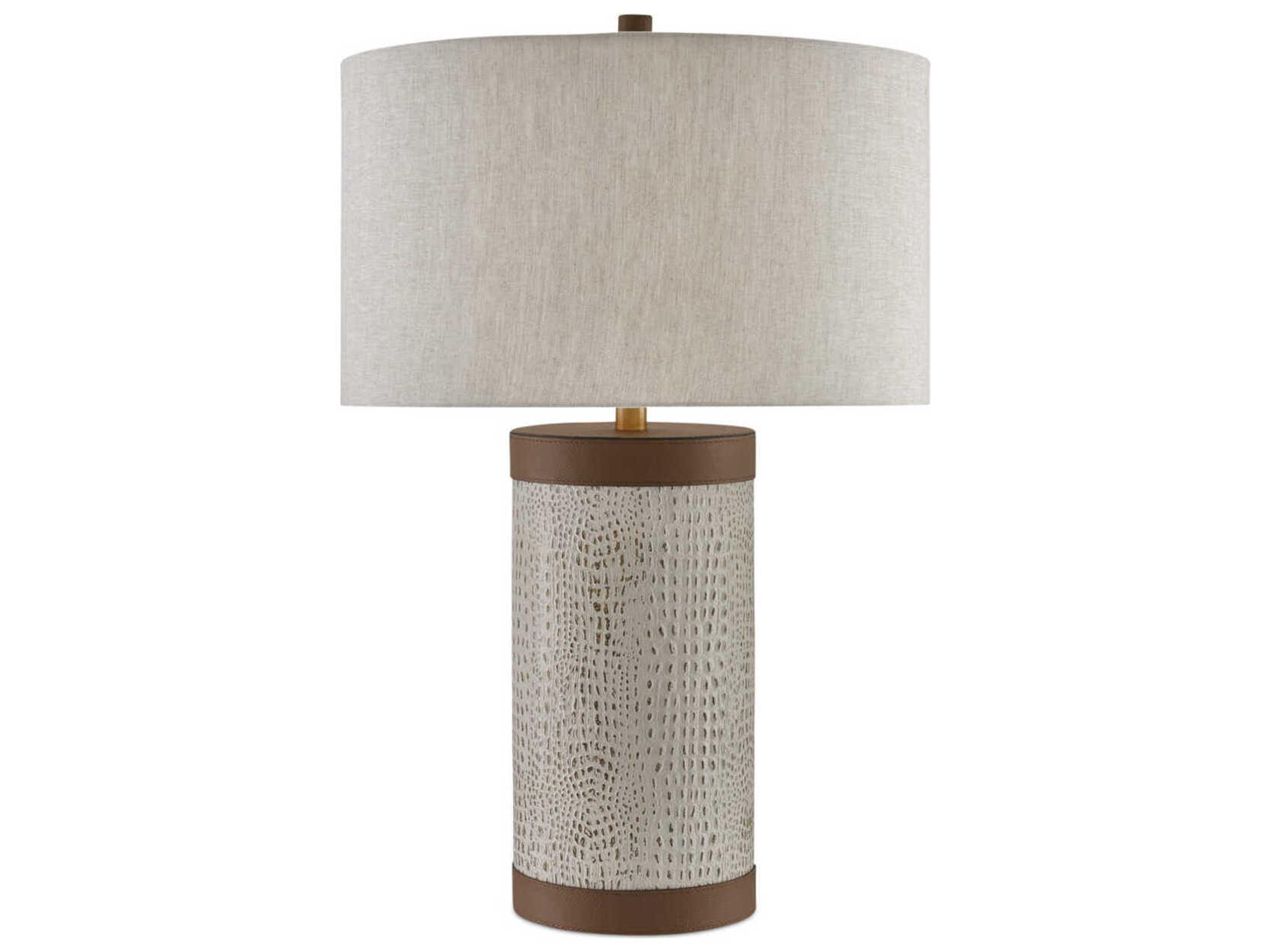 Currey & Company Baptiste Edison Bulb Buffet/Table Ivory Brown Brushed Brass Off White Buffet Lamp with Natural Linen Shade