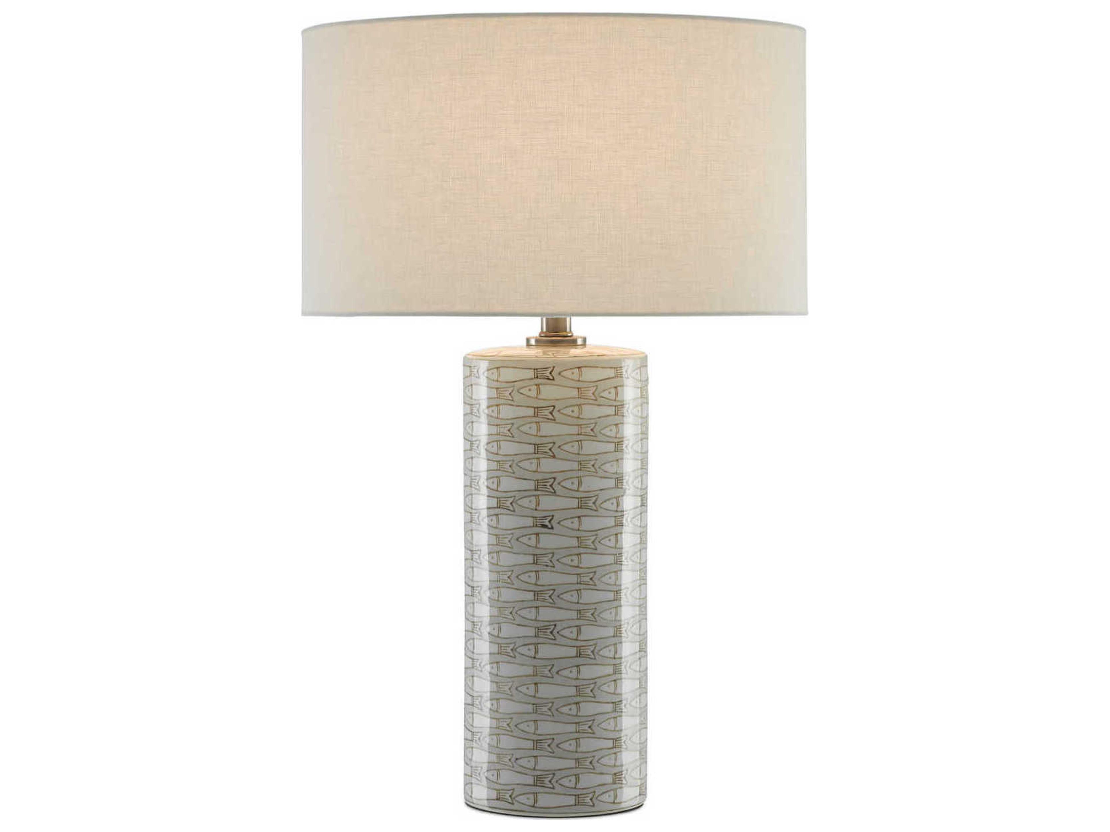 Currey & Company Fisch Gray White Antique Nickel Off Linen Buffet Lamp