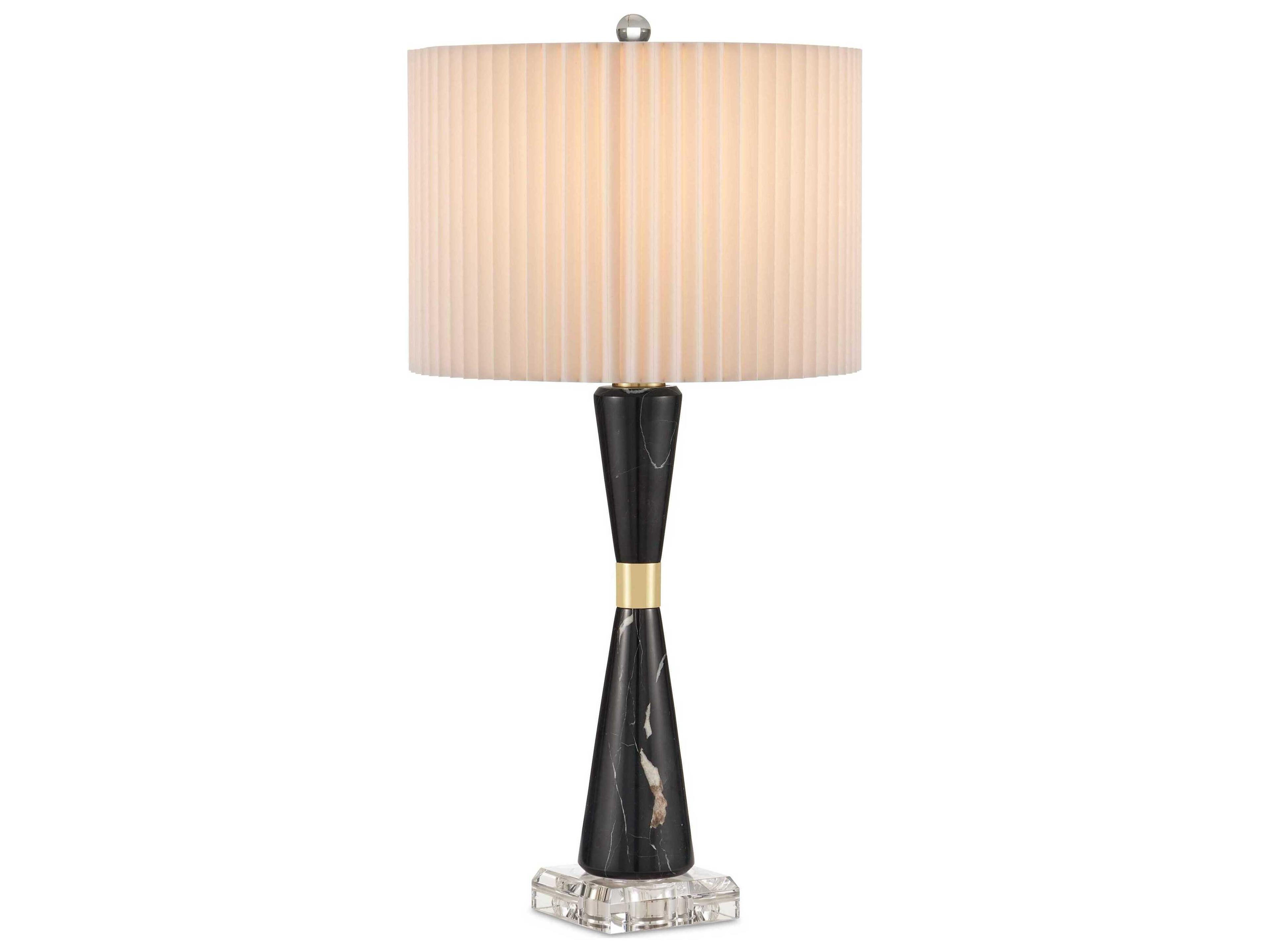 Edelmar Natural Brass Clear Off White Shantung Knife Pleated Black Buffet Lamp