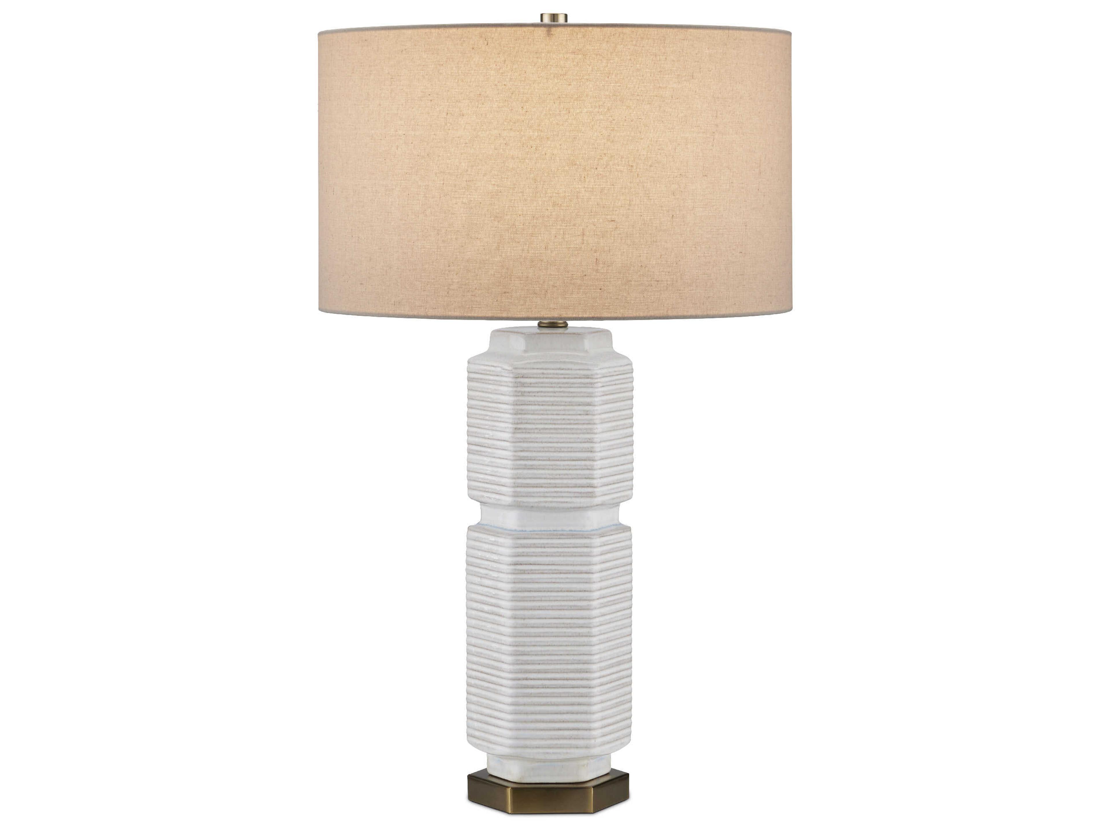 Currey & Company Glebe White Beige Blue Antique Brass Natural Linen Buffet Lamp