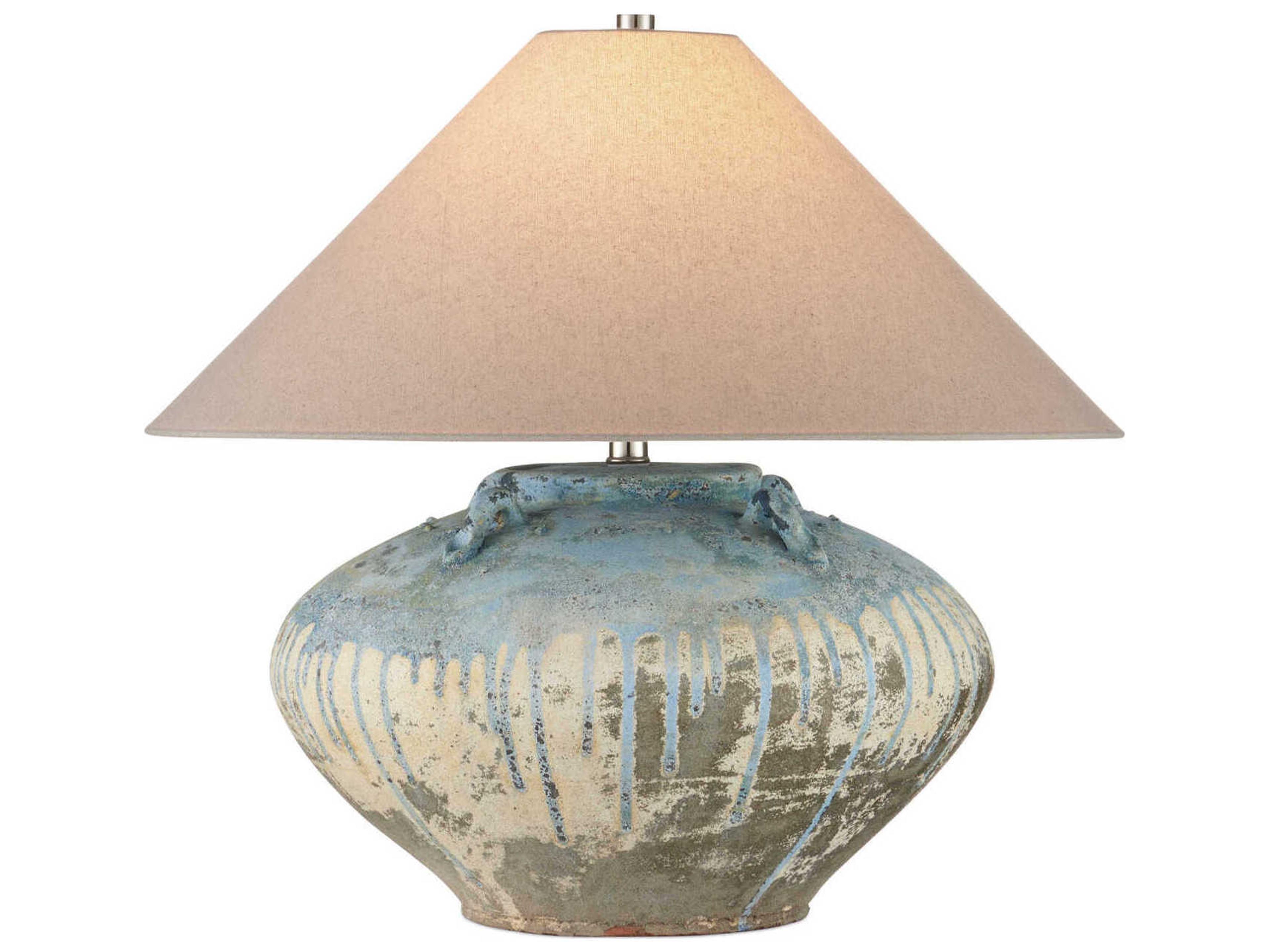 Currey & Company Catania Antique Blue Drip Natural Linen Table Lamp