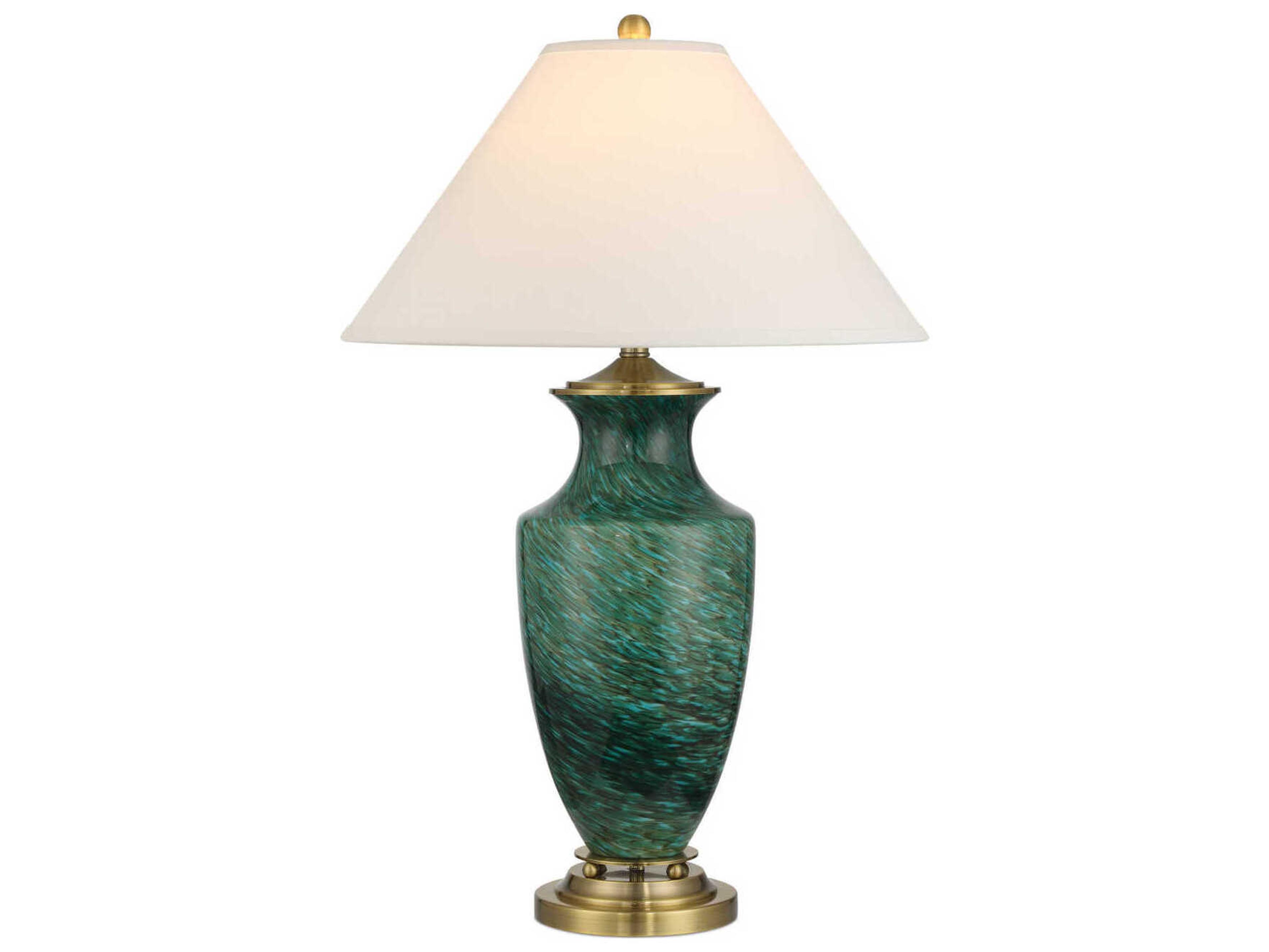 Currey & Company Claude Green Antique Brass White Linen Buffet Lamp