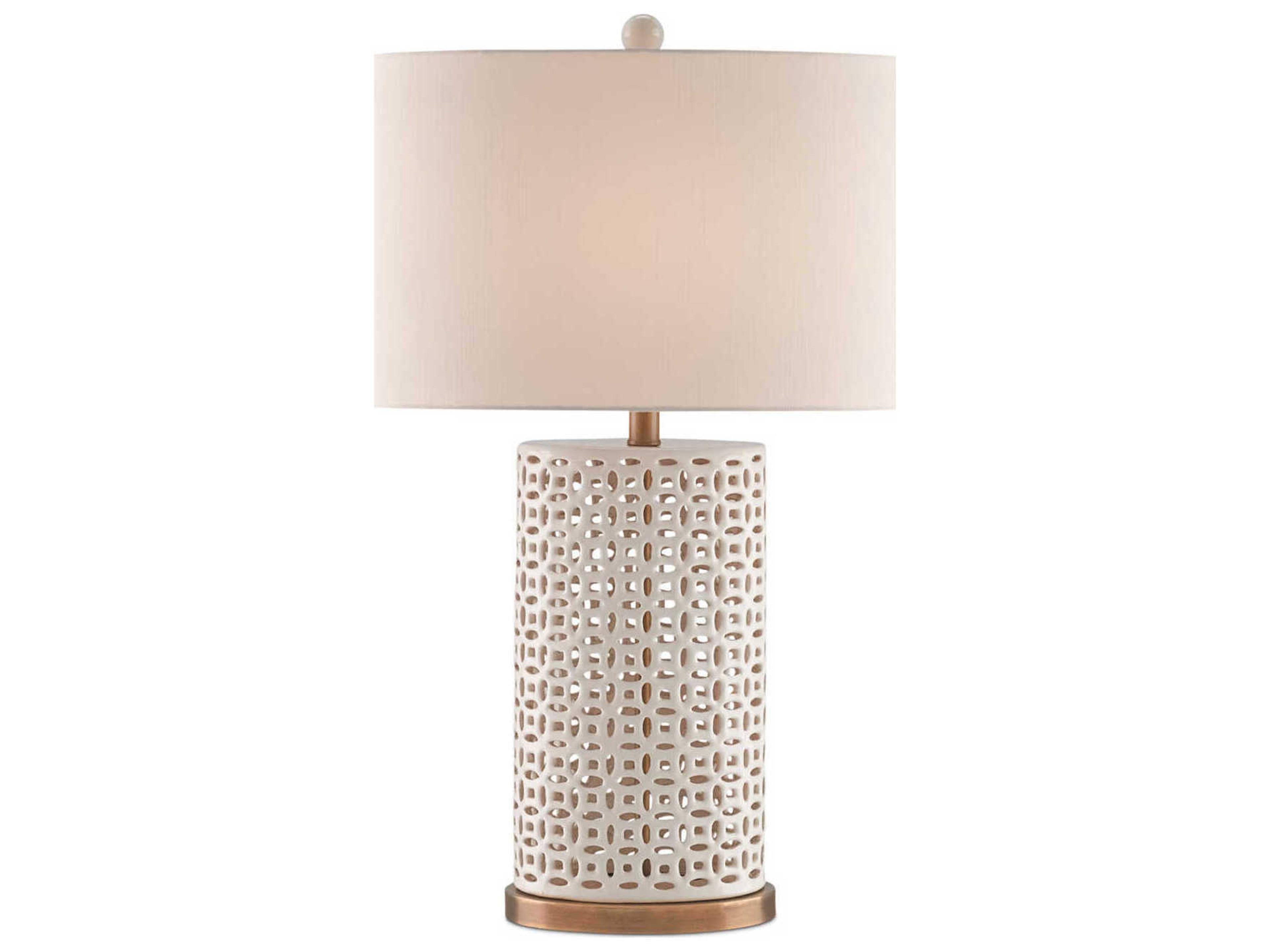 Currey & Company Bellemeade Edison Bulb Buffet/Table Ivory Antique Brass White Buffet Lamp with Honey Beige Shantung Shade