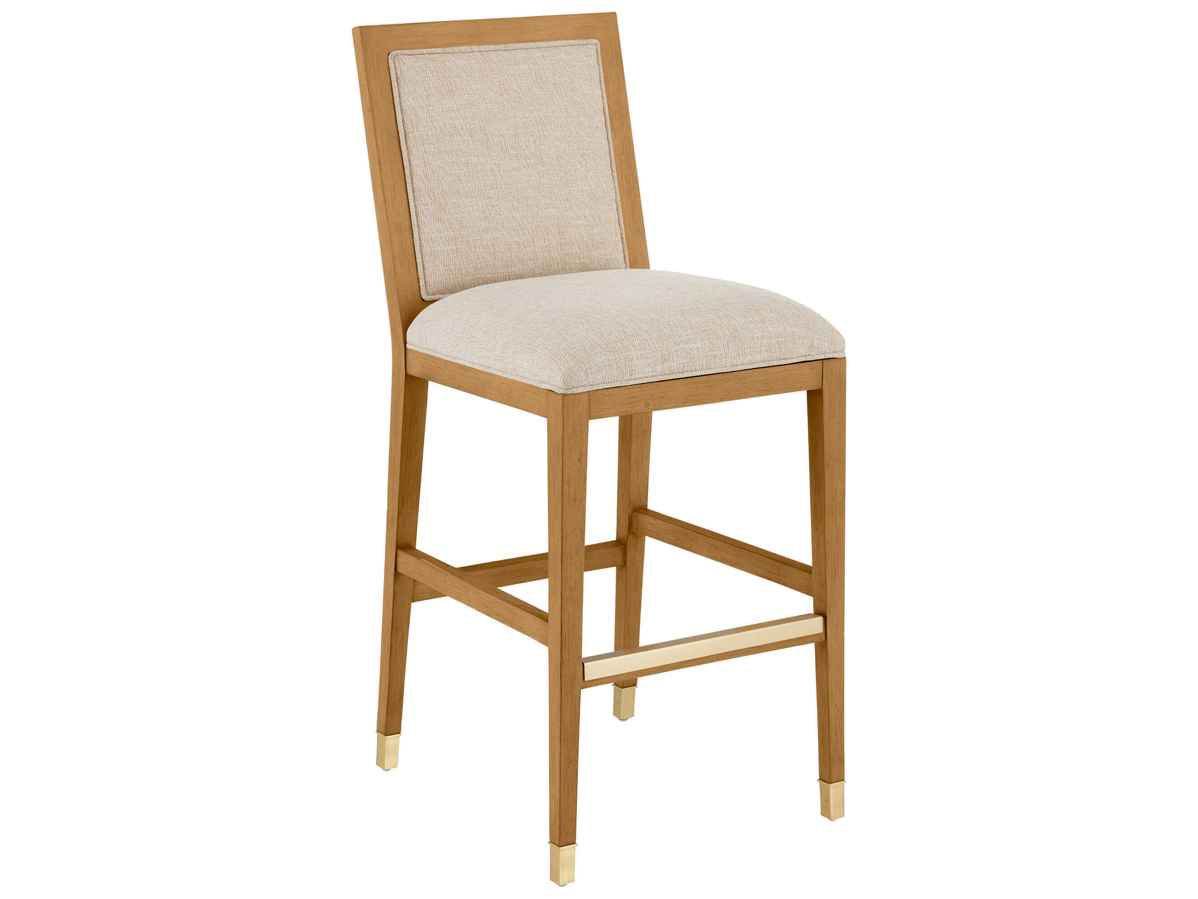 Currey & Company Santos Sea Sand Uv Liller Malt Satin Brass Upholstered Mahogany Wood Bar Stool