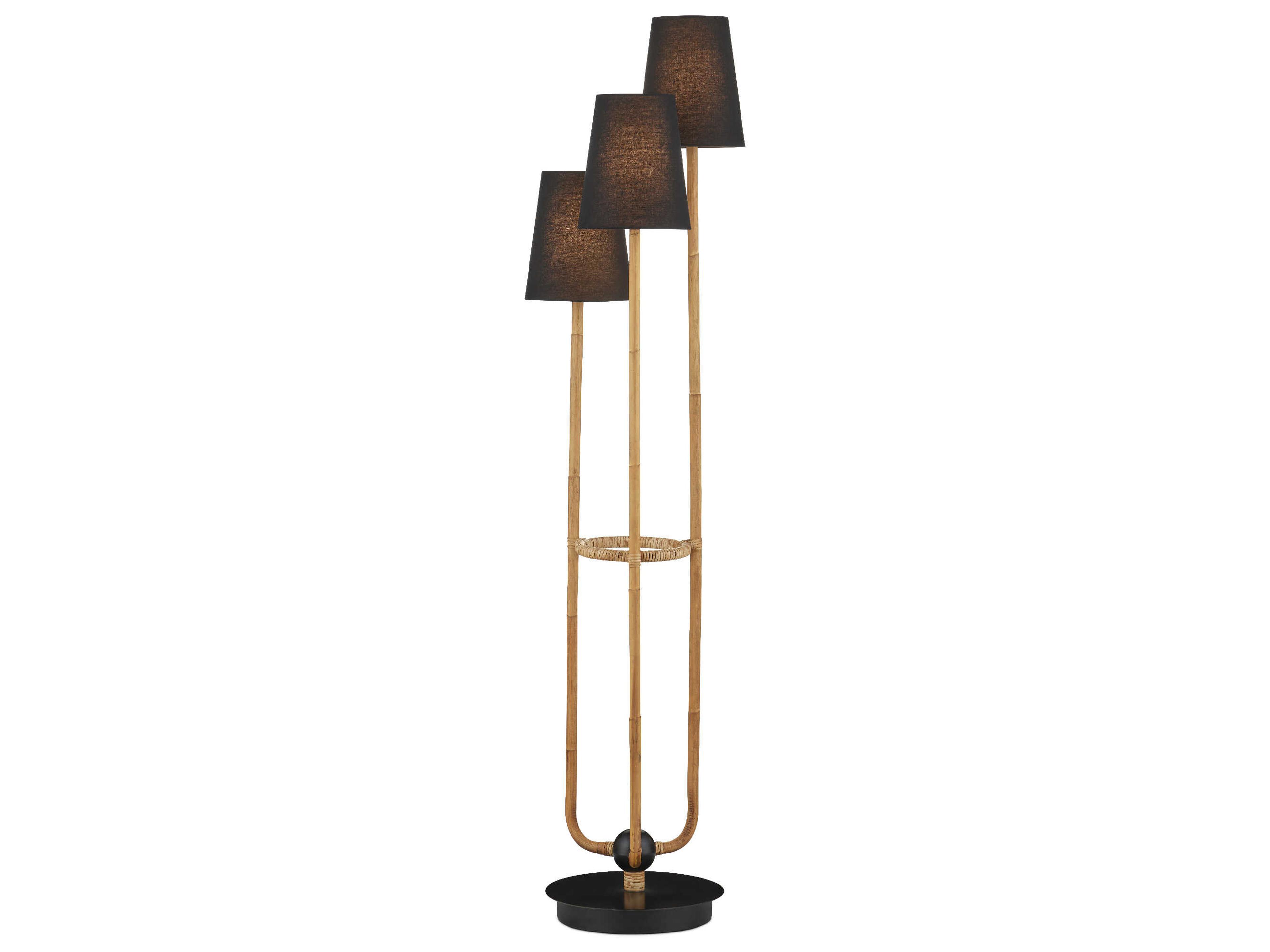 Currey & Company Triptych Natural Rattan Satin Black Linen Floor Lamp