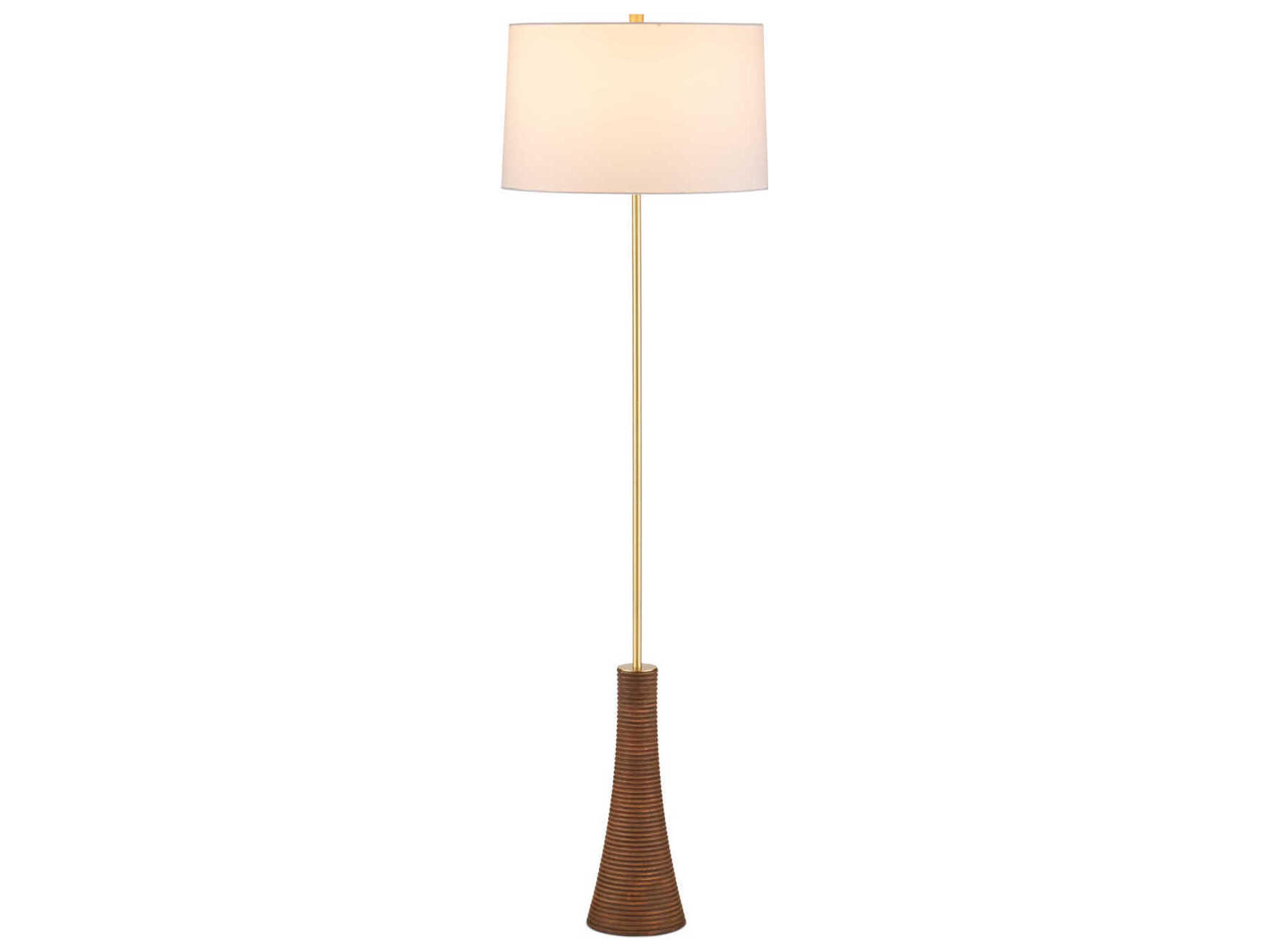 Currey & Company Lathe Natural Brushed Brass White Linen Floor Lamp