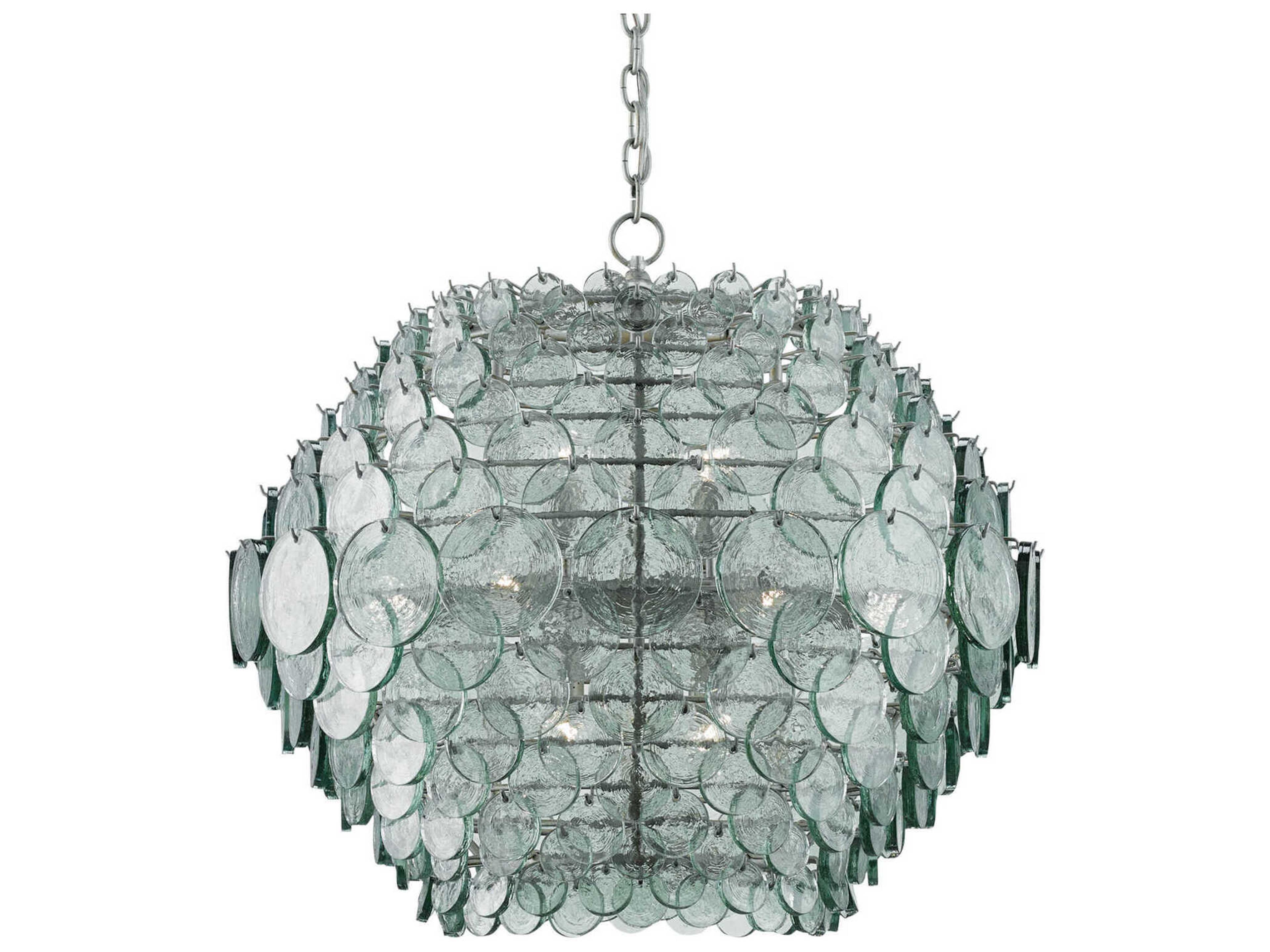 Currey & Company Braithwell 14-Light Painted Silver Granello Green Glass Globe Pendant