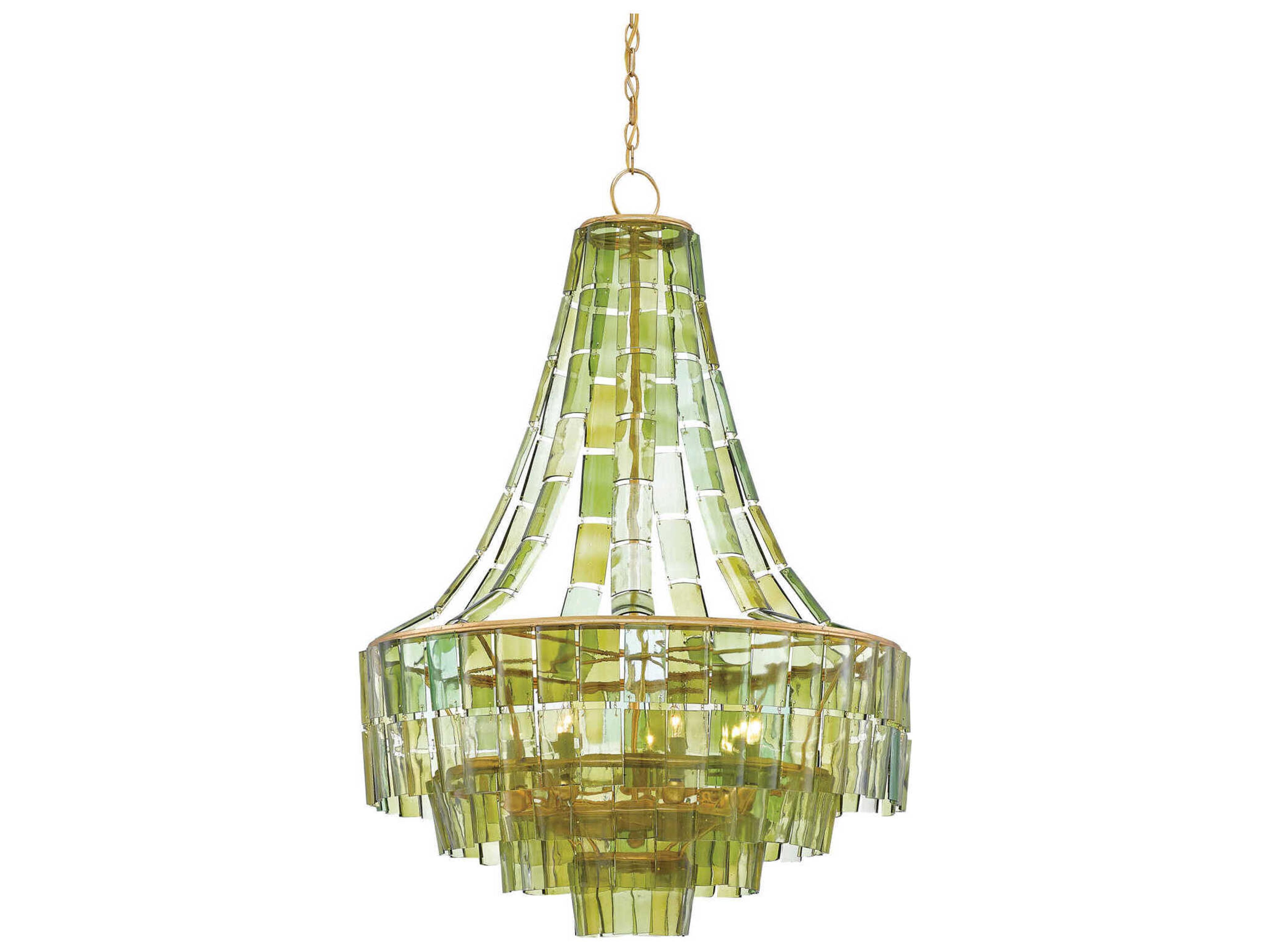 Currey & Company Vintner 7-Light Dark Contemporary Gold Leaf Green Glass Candelabra Geometric Chandelier