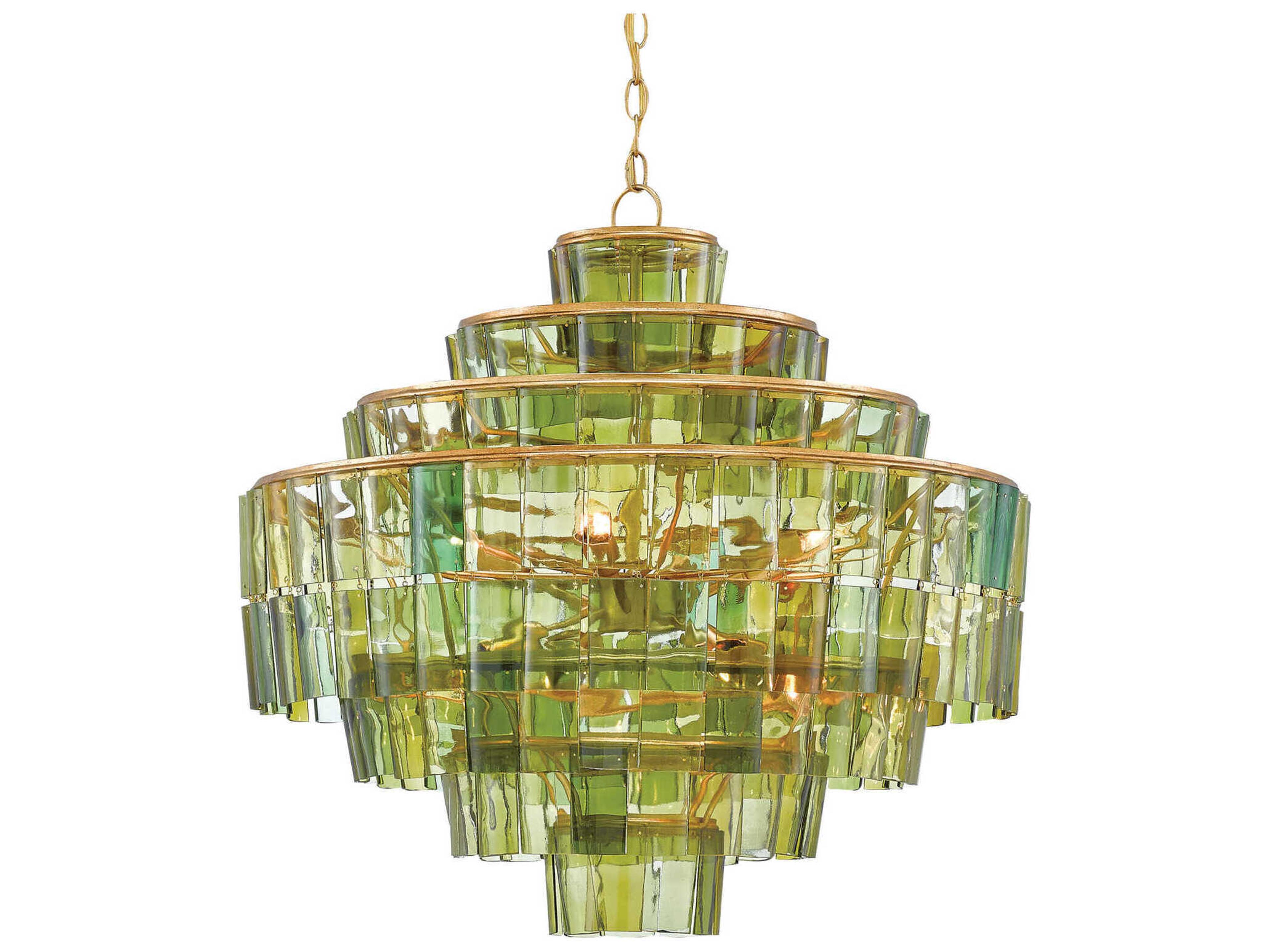 Currey & Company Sommelier 8-Light Dark Contemporary Gold Leaf Green Globe Tiered Chandelier