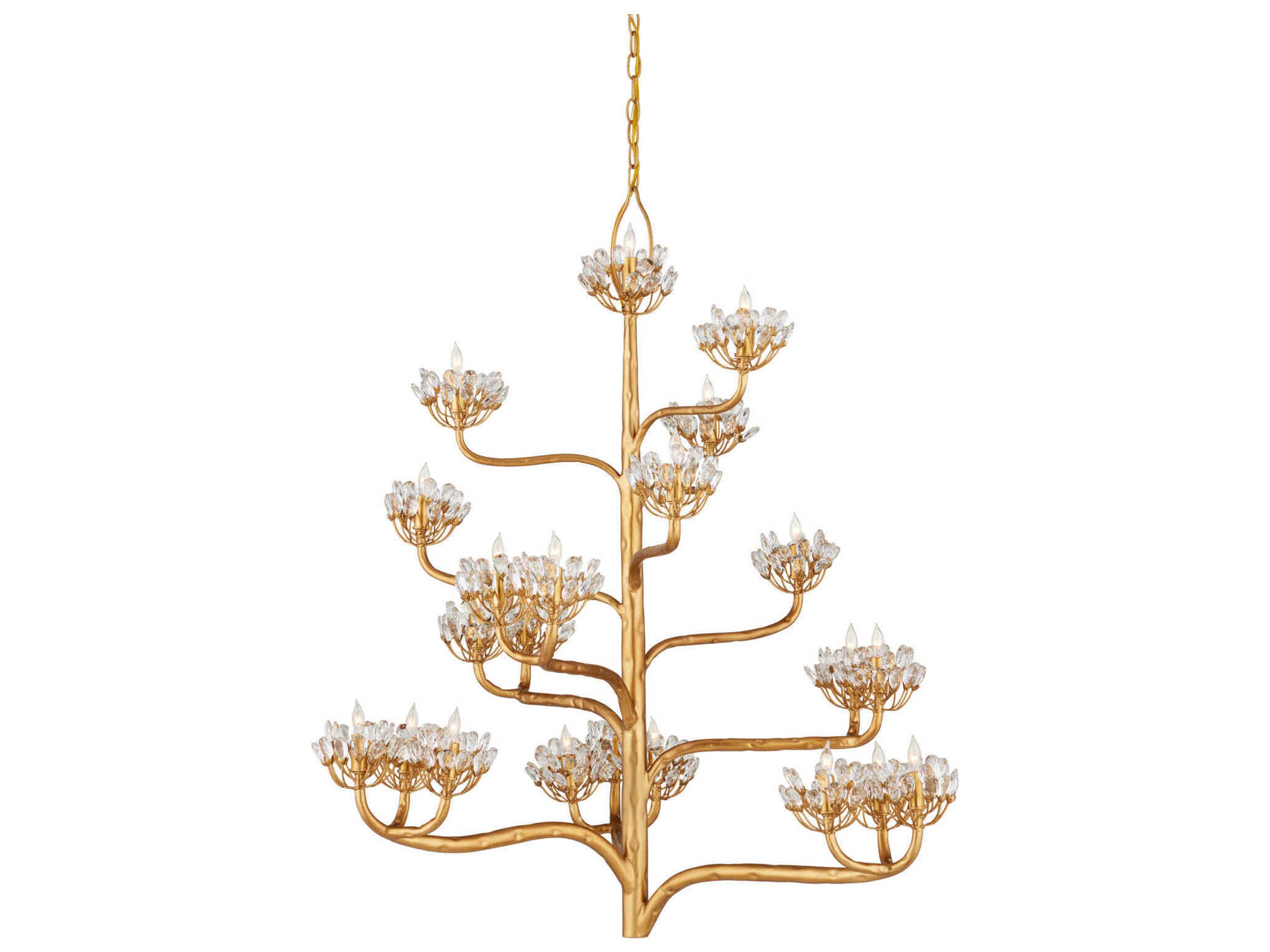 Currey & Company Agave Americana 22-Light Dark Contemporary Gold Leaf Crystal Tiered Chandelier