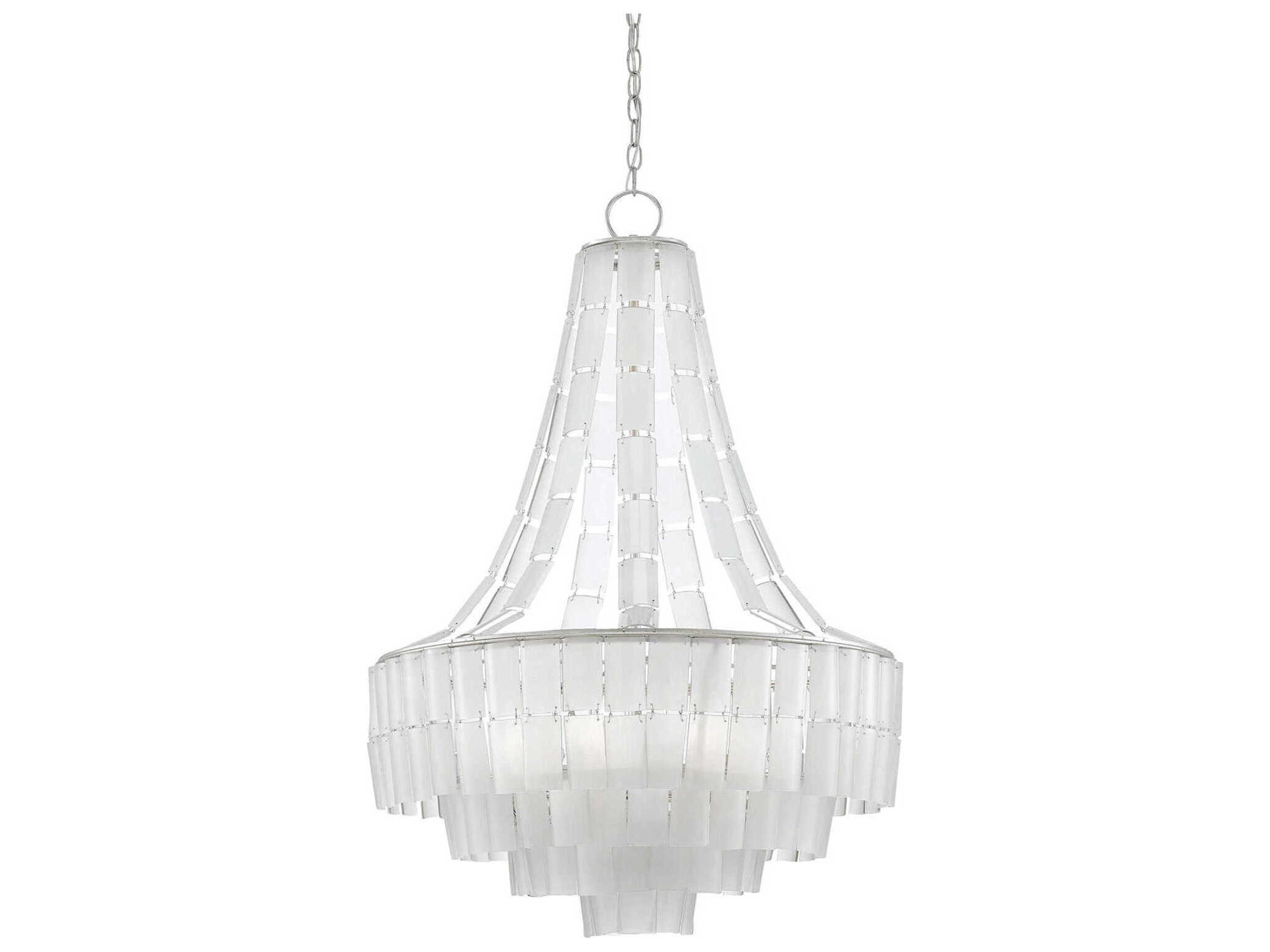 Currey & Company Vintner 7-Light Contemporary Silver Leaf Opaque White Glass Candelabra Globe Tiered Chandelier