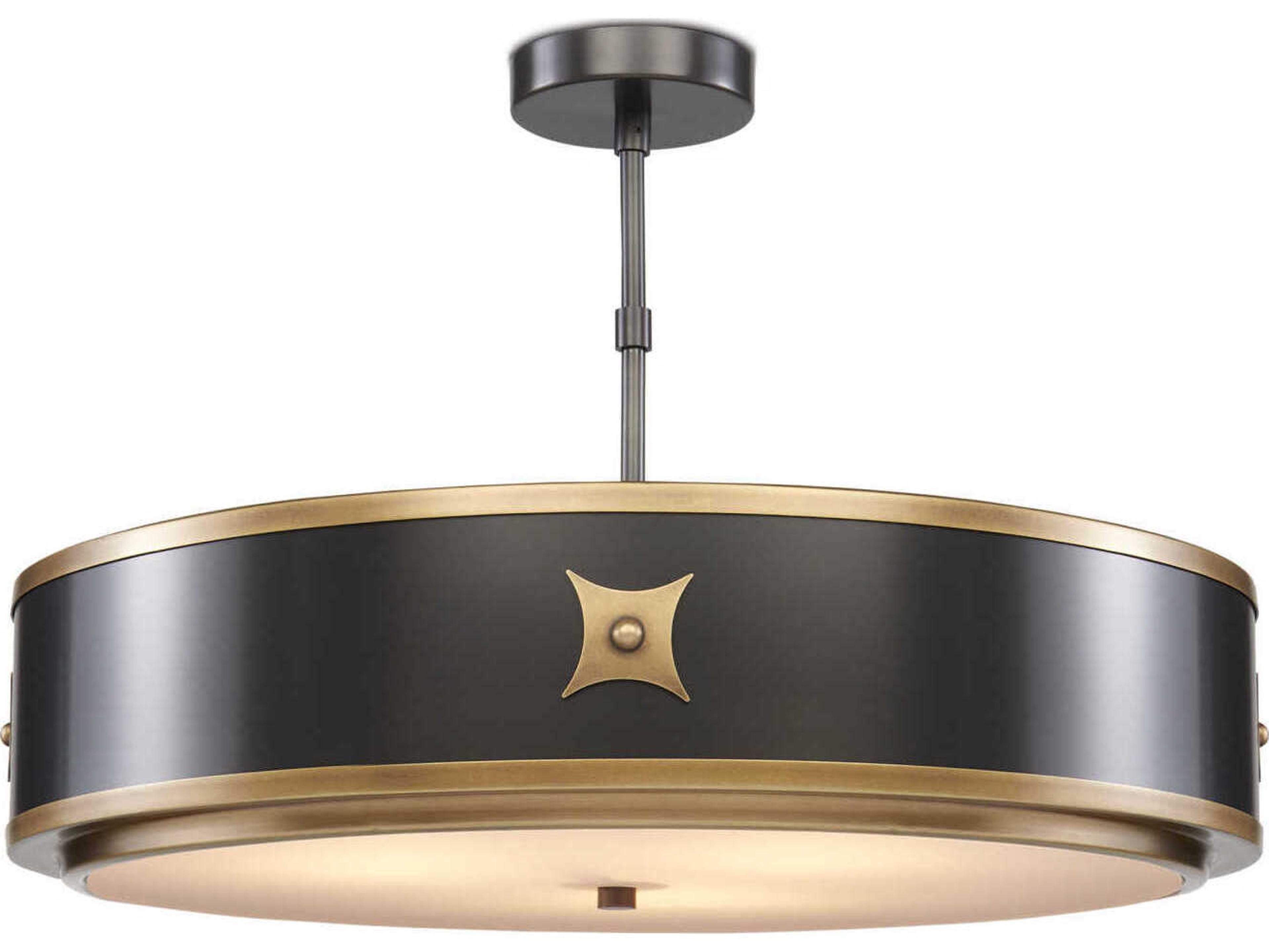 Currey & Company Huntsman Satin Black Antique Brass White Glass Drum Semi Flush Mount