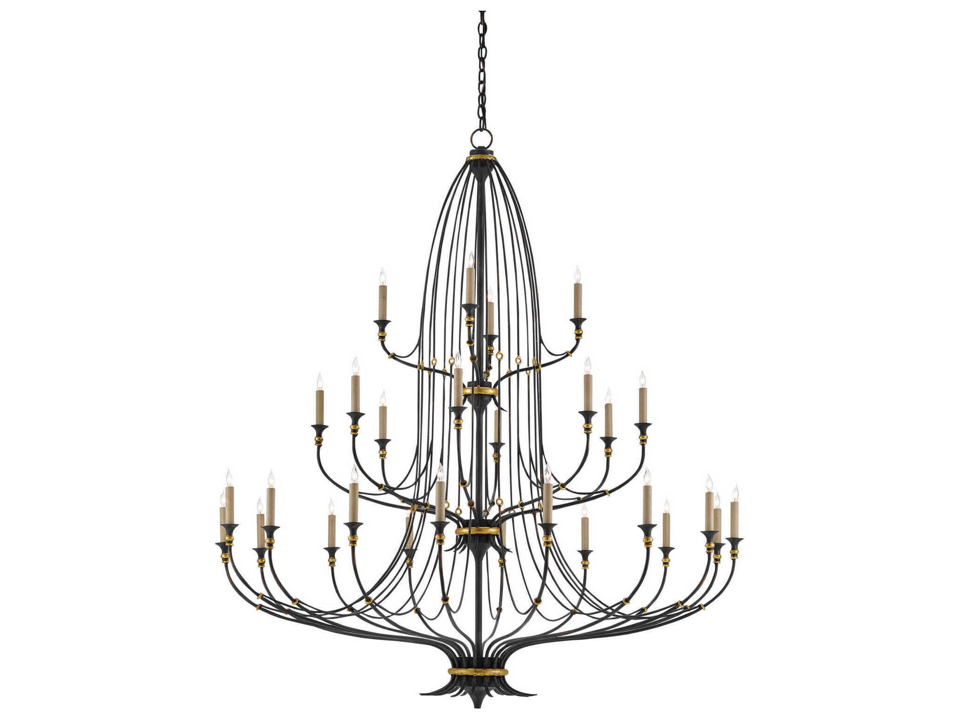 Currey & Company Folgate 28-Light French Black Gold Leaf Candelabra Tiered Chandelier