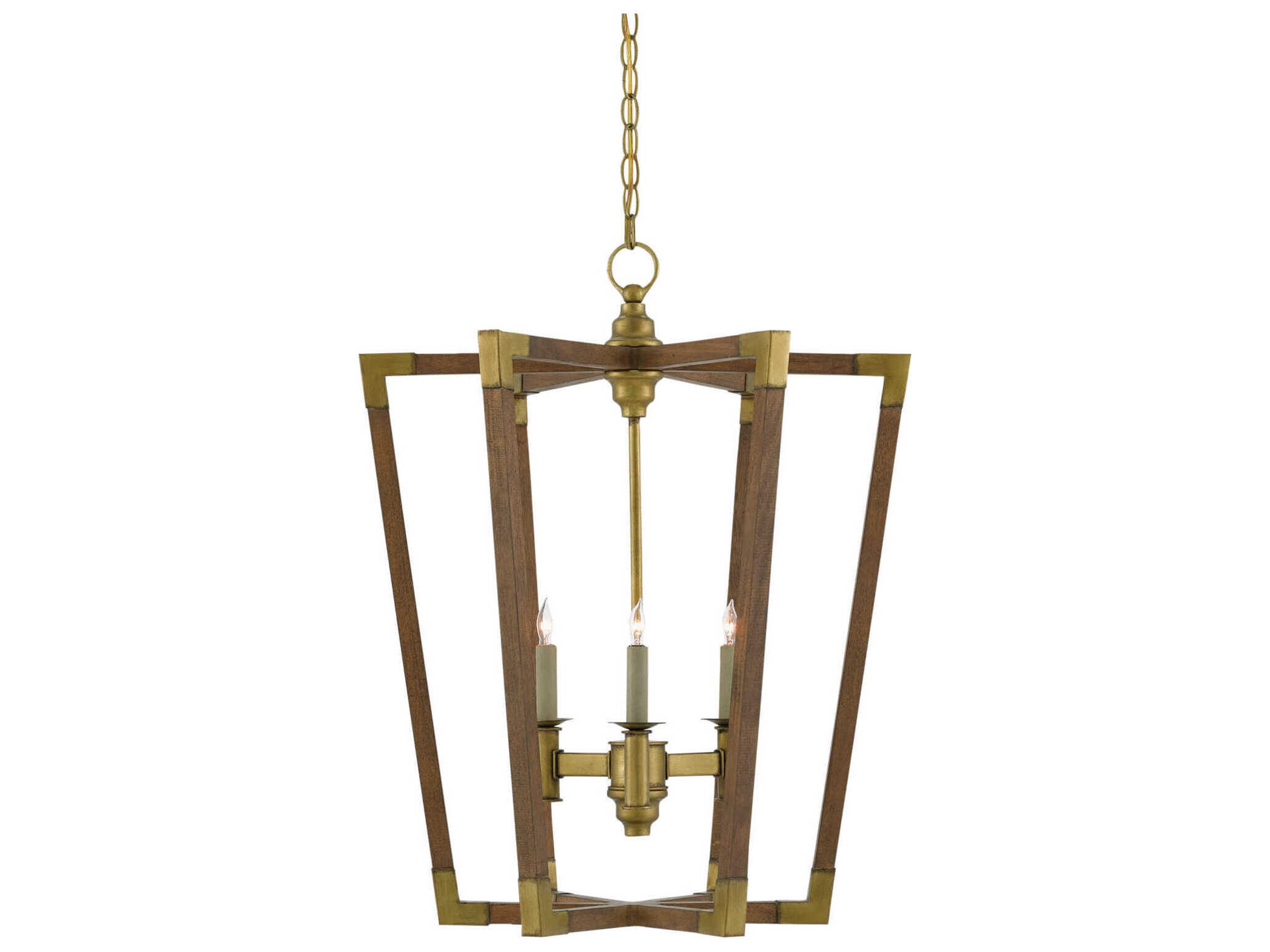 Currey & Company Bastian 3-Light Chestnut Brass Wood Candelabra Geometric Chandelier