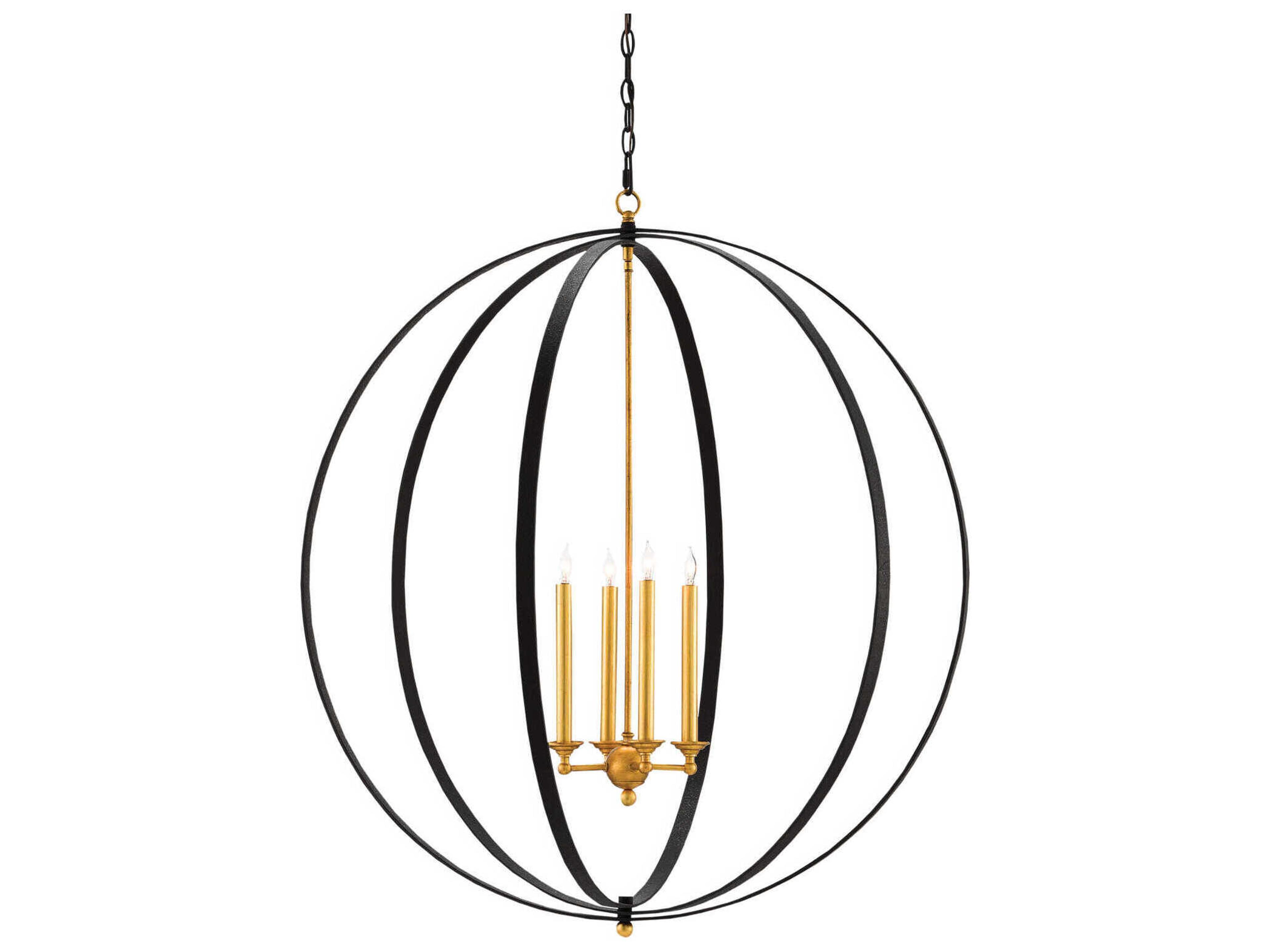 Currey & Company Ogden 4-Light Chinois Antique Gold Leaf Black Candelabra Chandelier