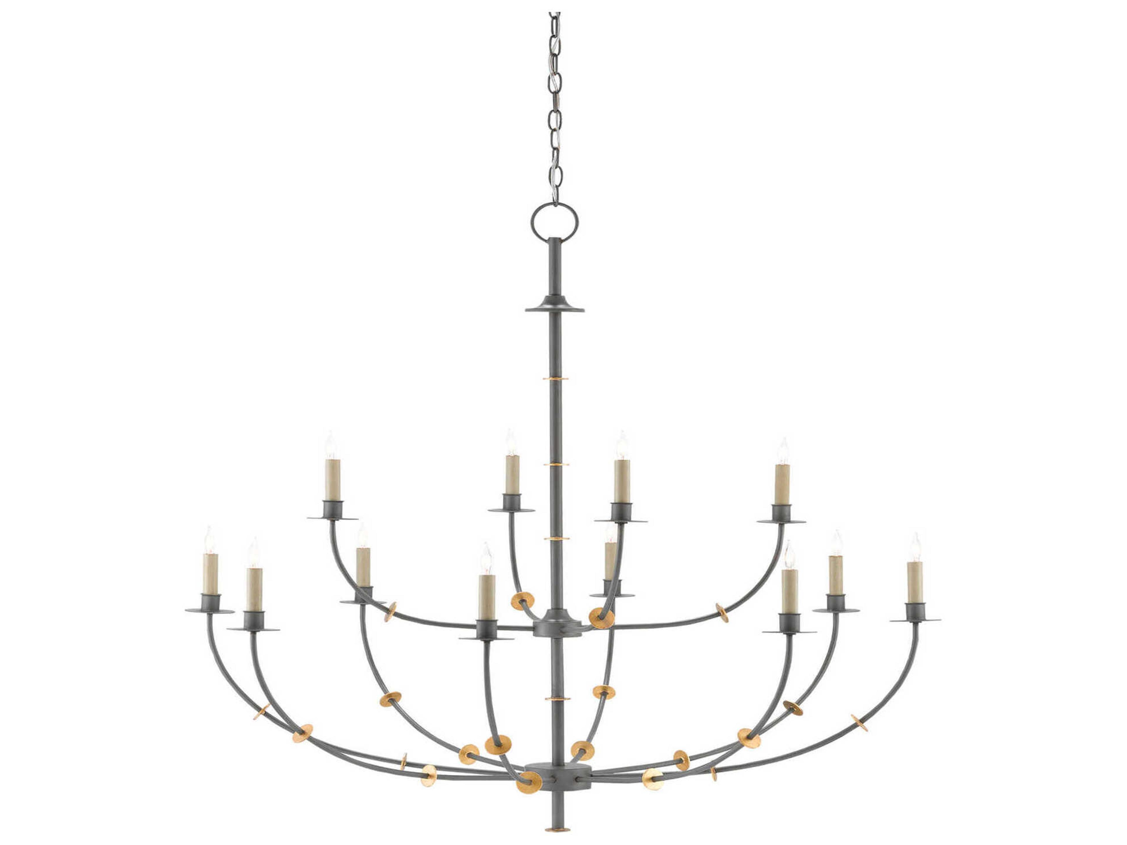 Currey & Company Balladier 12-Light Hiroshi Gray Contemporary Gold Leaf Tiered Chandelier